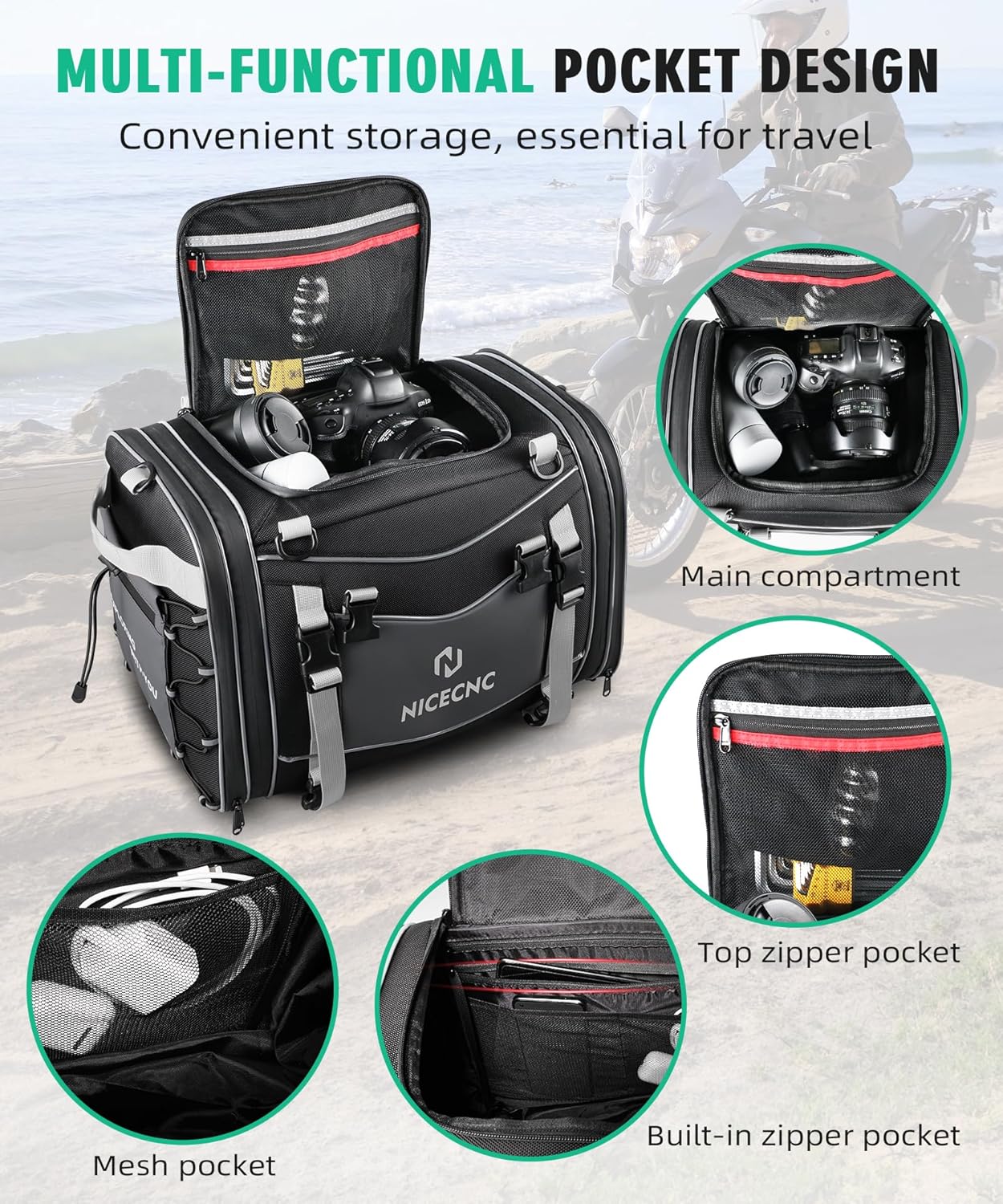 NICECNC Bolsa de equipaje para motocicleta, bolsa expandible para asiento trasero de motocicleta, bolsa universal de almacenamiento para casco de