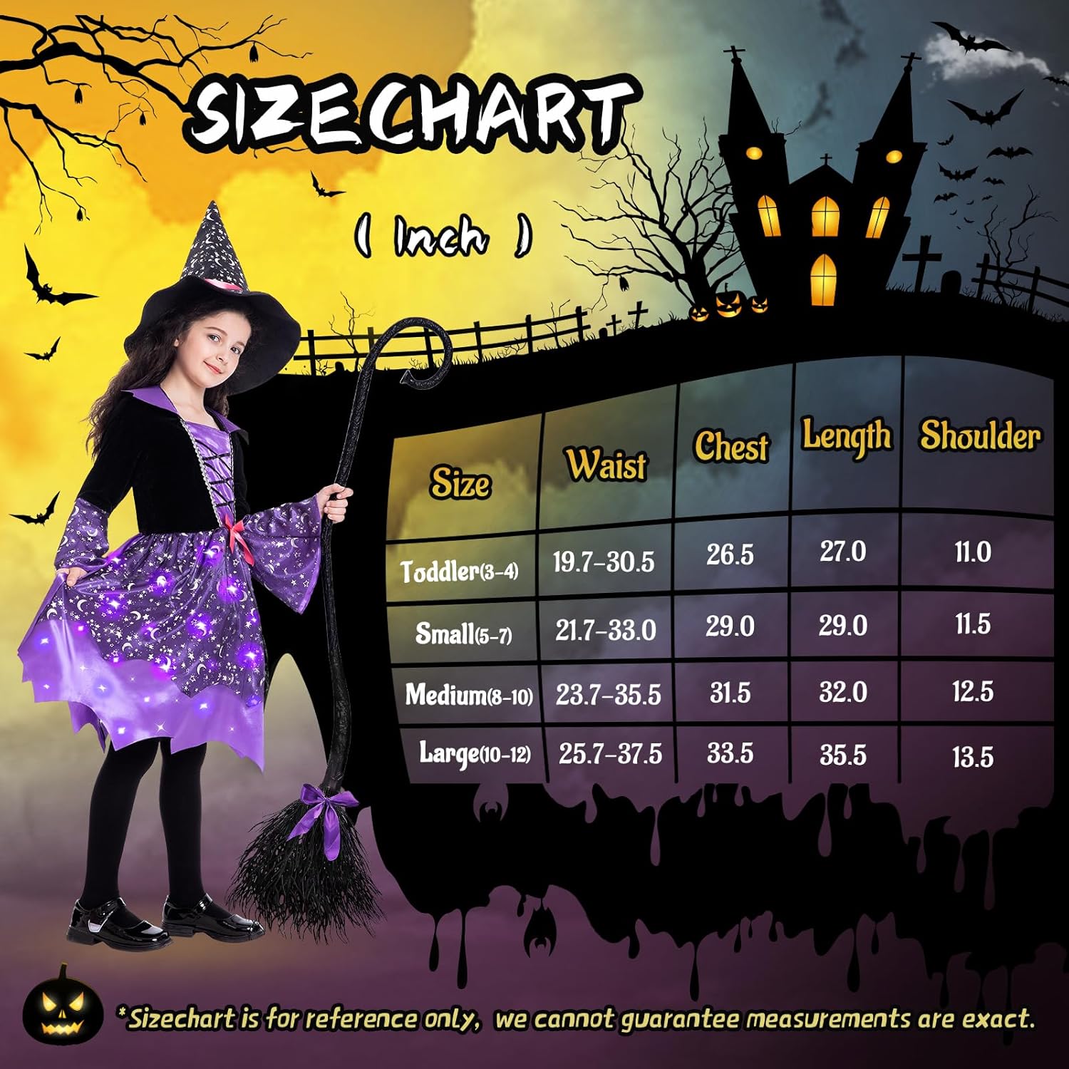 Disfraz de bruja iluminada para niñas, disfraces de bruja de Halloween con escoba de bruja, sombrero para regalo de fiesta de Halloween