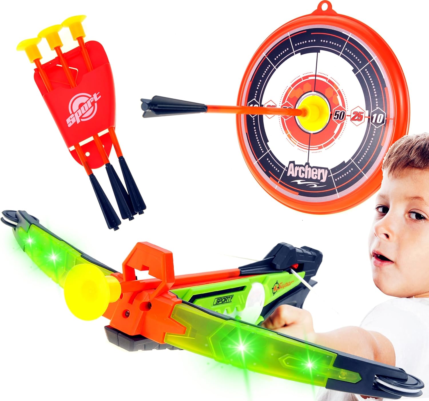 PowerTRC Juego de ballesta de juguete con luz LED para niños  Juego de tiro con arco con ventosa y flechas y objetivo  Divertido juego para