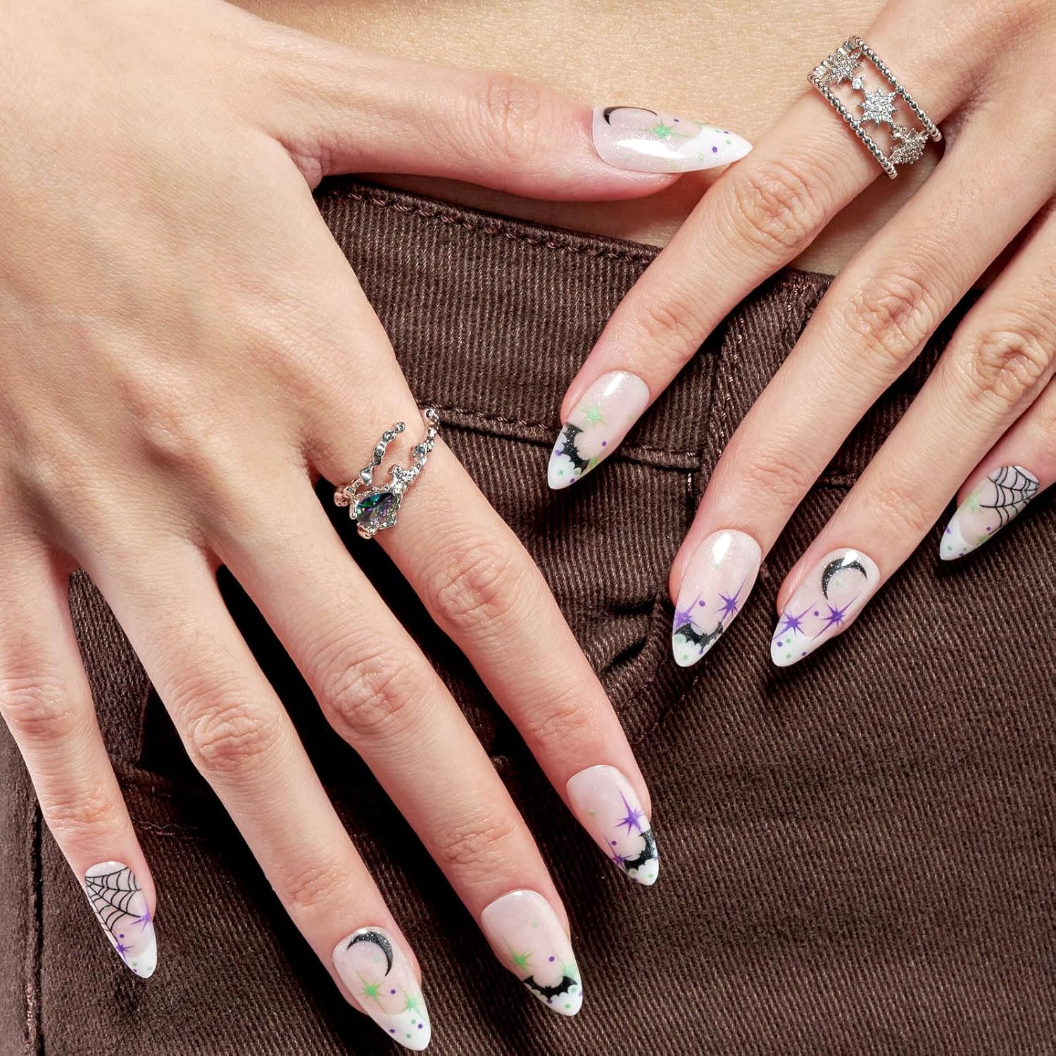 GLAMERMAID Uñas postizas a presión de almendra, uñas postizas de gel con diseño gótico, 24 uñas adhesivas, uñas acrílicas reutilizables, juego de