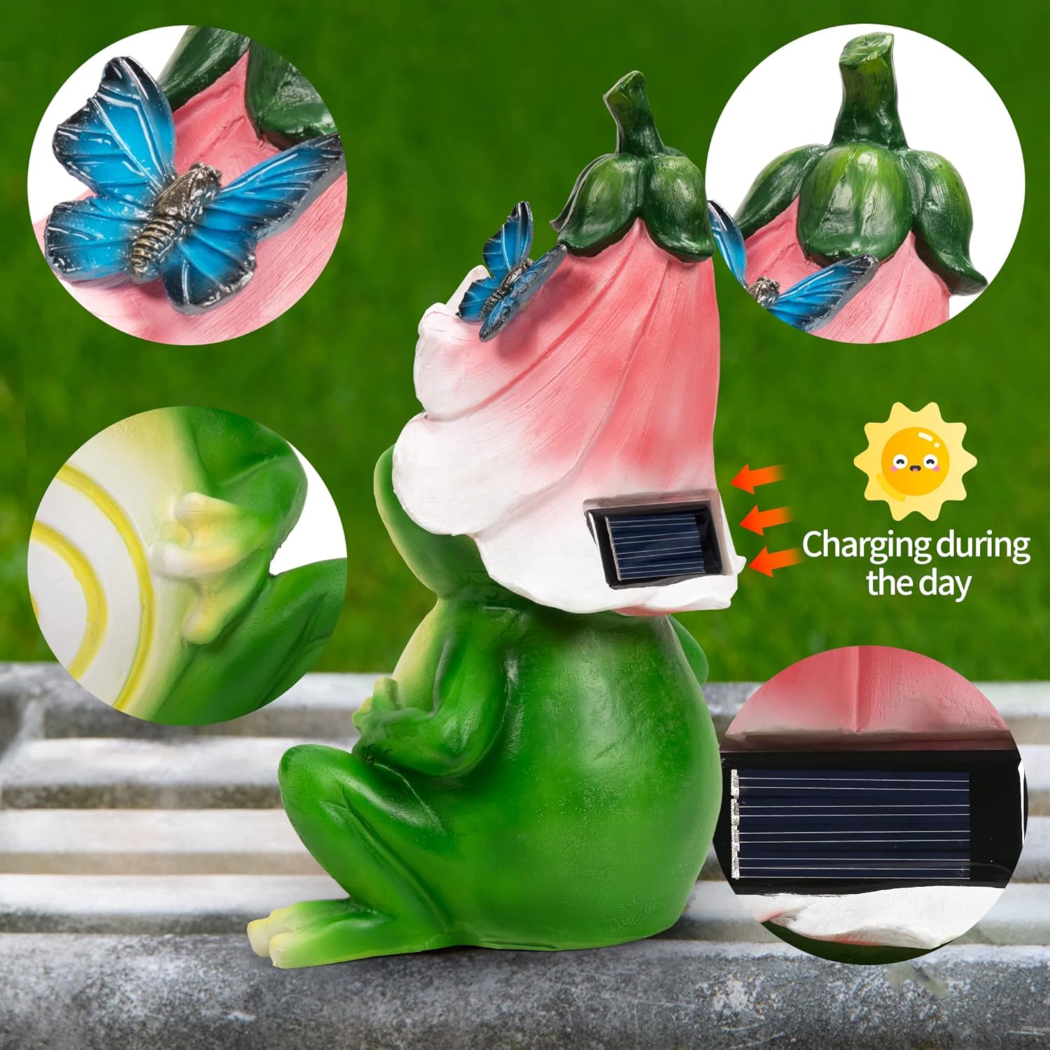 WENYLE Figura de rana para decoración de jardín, estatuas de ranas de flores para jardín al aire libre, perfectas para regalo de arte de patio,