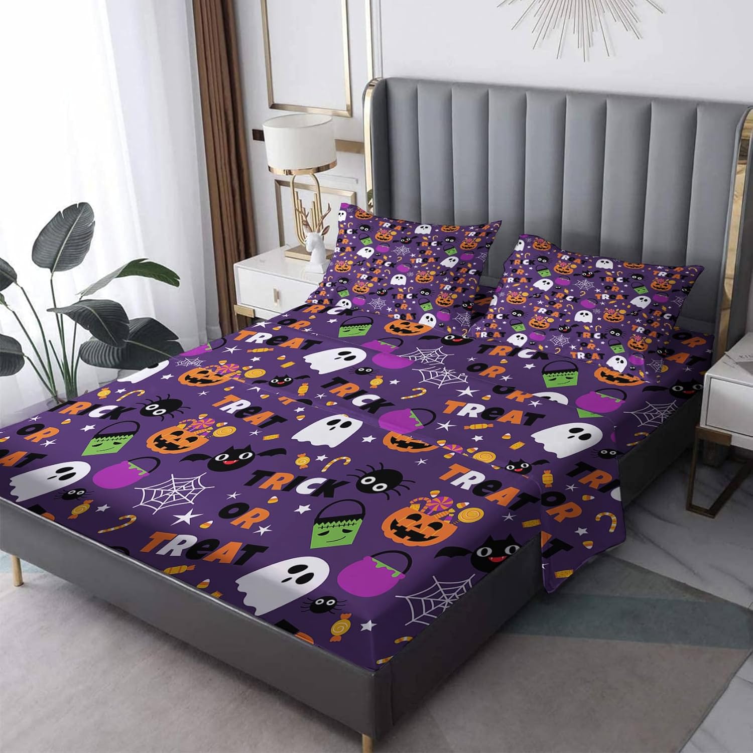 Sábanas de Halloween tamaño matrimonial, sábanas de murciélago de calabaza fantasma, juego de sábanas y fundas de almohada de 4 piezas, sábana