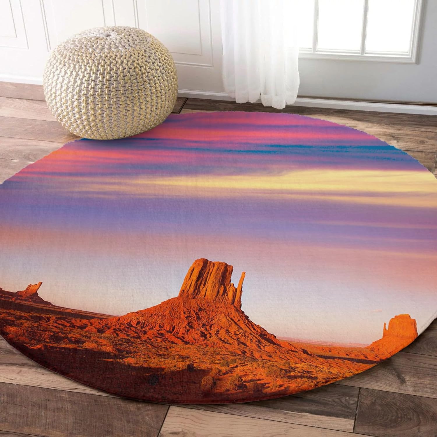 Round Rug 3Ft, Desert Dreamy Sunset Sundown Sky Natural Sand Building Landscape Soft Round Area Rug Machine Washable Non-Slip Circle Rug Carpet