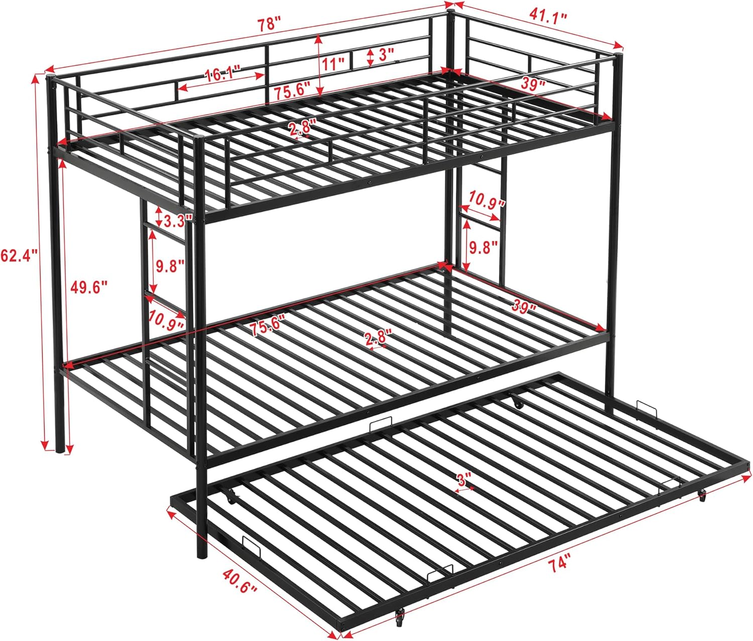 Merax Litera individual sobre cama individual con nido, marco de litera de metal con riel de protección resistente y 2 escaleras para dormitorio,