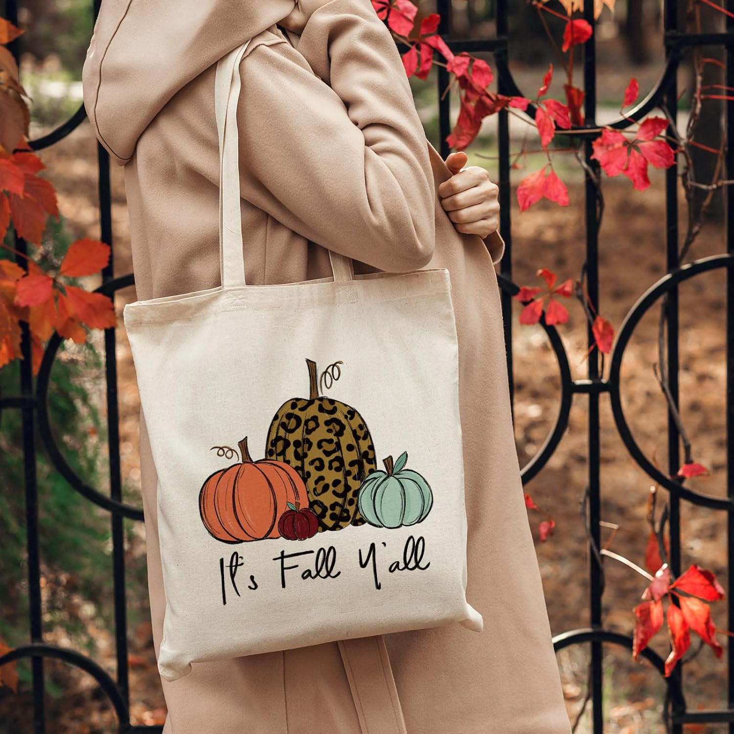 Whaline Paquete de 2 bolsas de lona de otoño, bolsas de comestibles con texto en inglés “It’s Fall Y’all”, bolsas de regalo de fiesta de otoño,