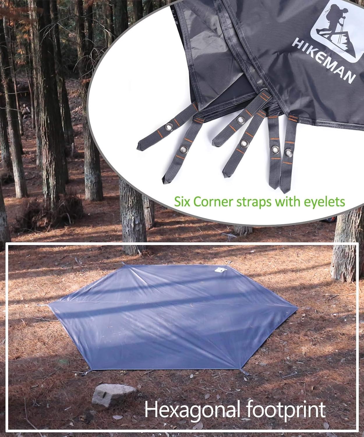 Hikeman Huella hexagonal de tienda de campaña, lona ultraligera impermeable para 1 a 4 personas, con 6 estacas de tienda de campaña para campamento,