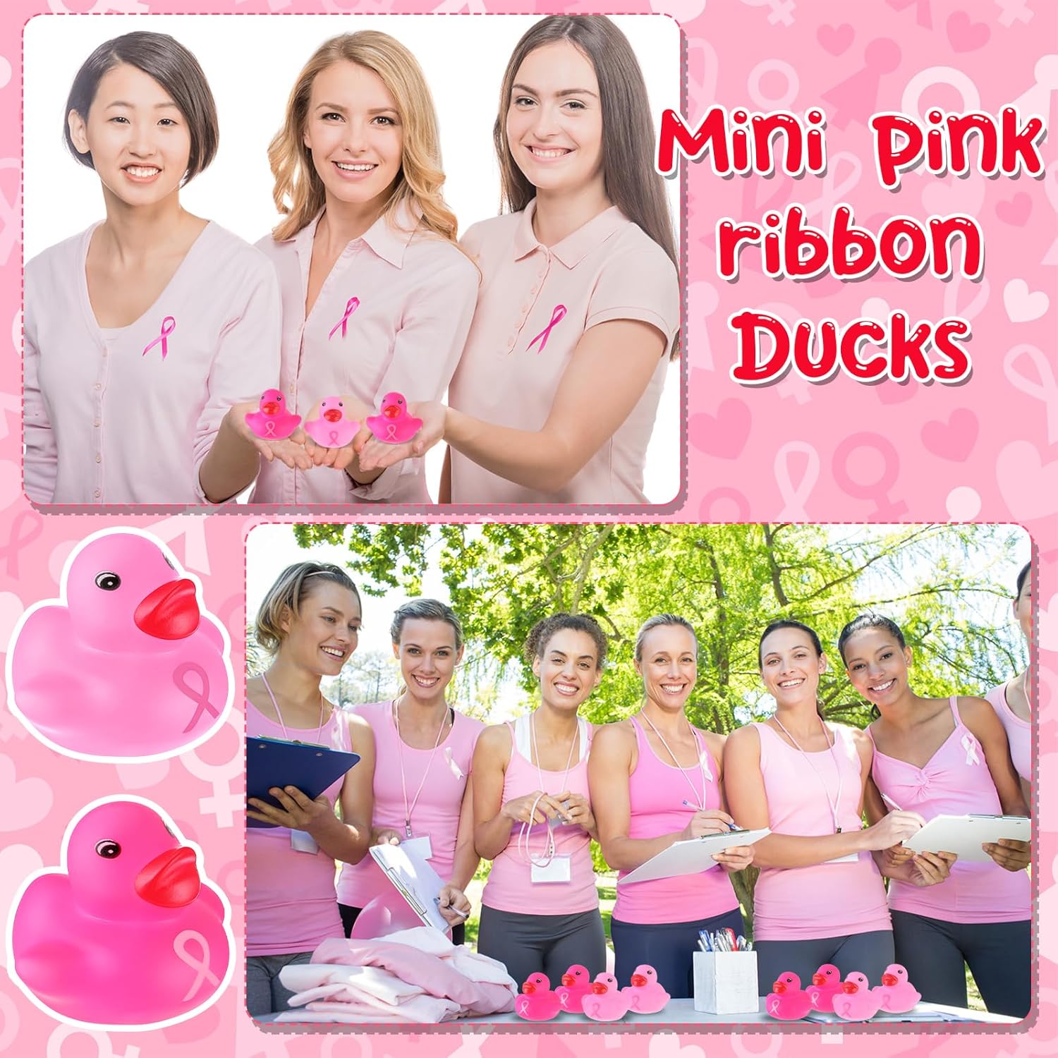 Deekin 100 patos de goma a granel con cinta rosa, patos de baño, concienciación sobre el cáncer de mama, mini patos de 1.57 pulgadas, flotador de