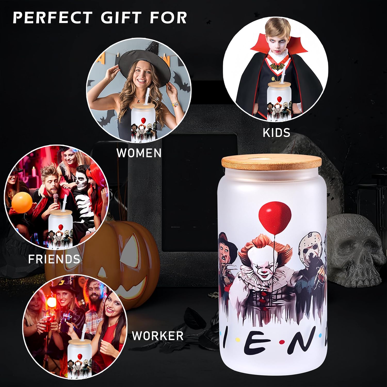 Vasos de cristal de terror con tapas y pajitas de bambú, vaso de Halloween con cara fantasma, regalos de película para mujeres, taza de café helado