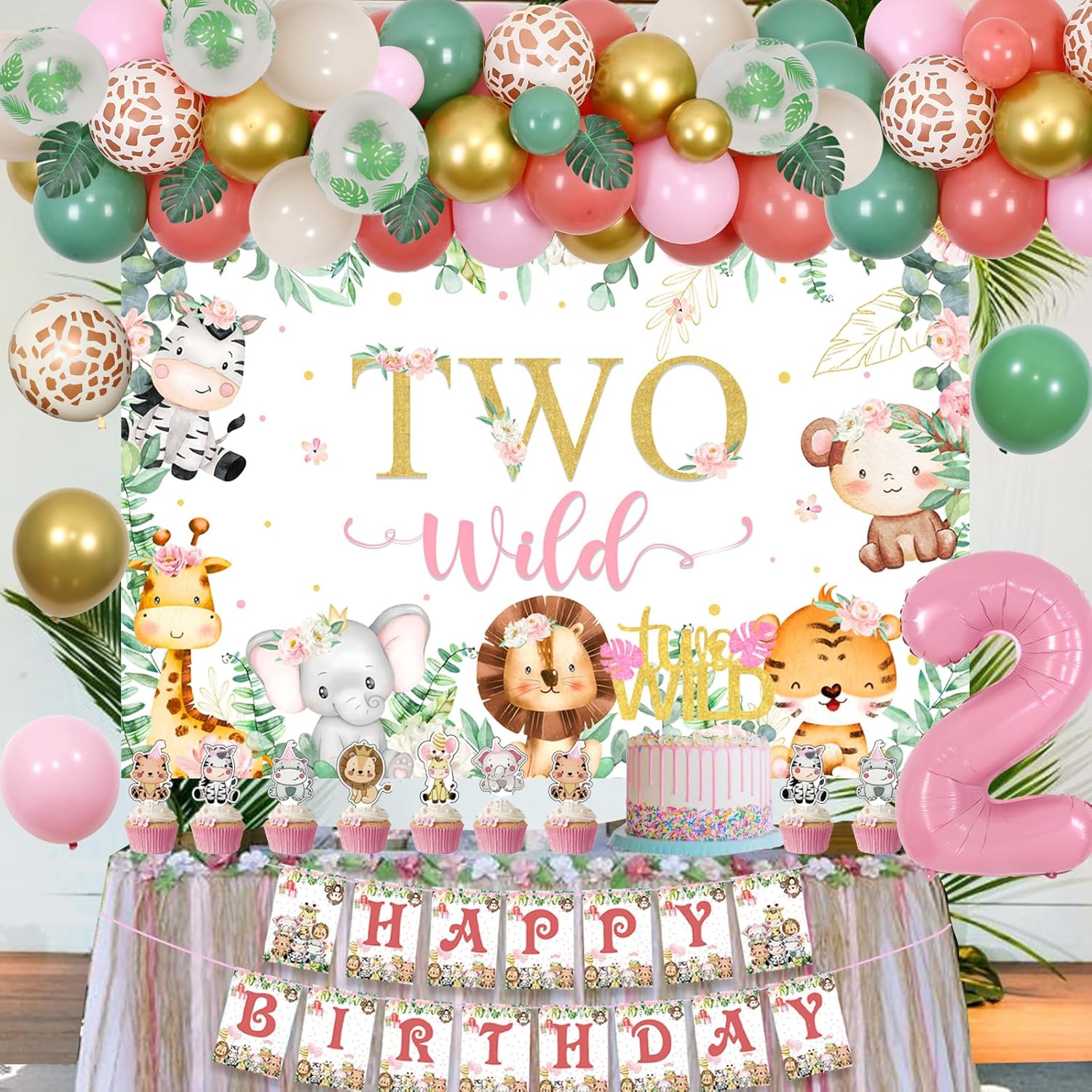 Decoraciones de segundo cumpleaños con temática de selva para niña, kit de arco de globos rosa polvoriento y verde salvia con dos decoraciones de