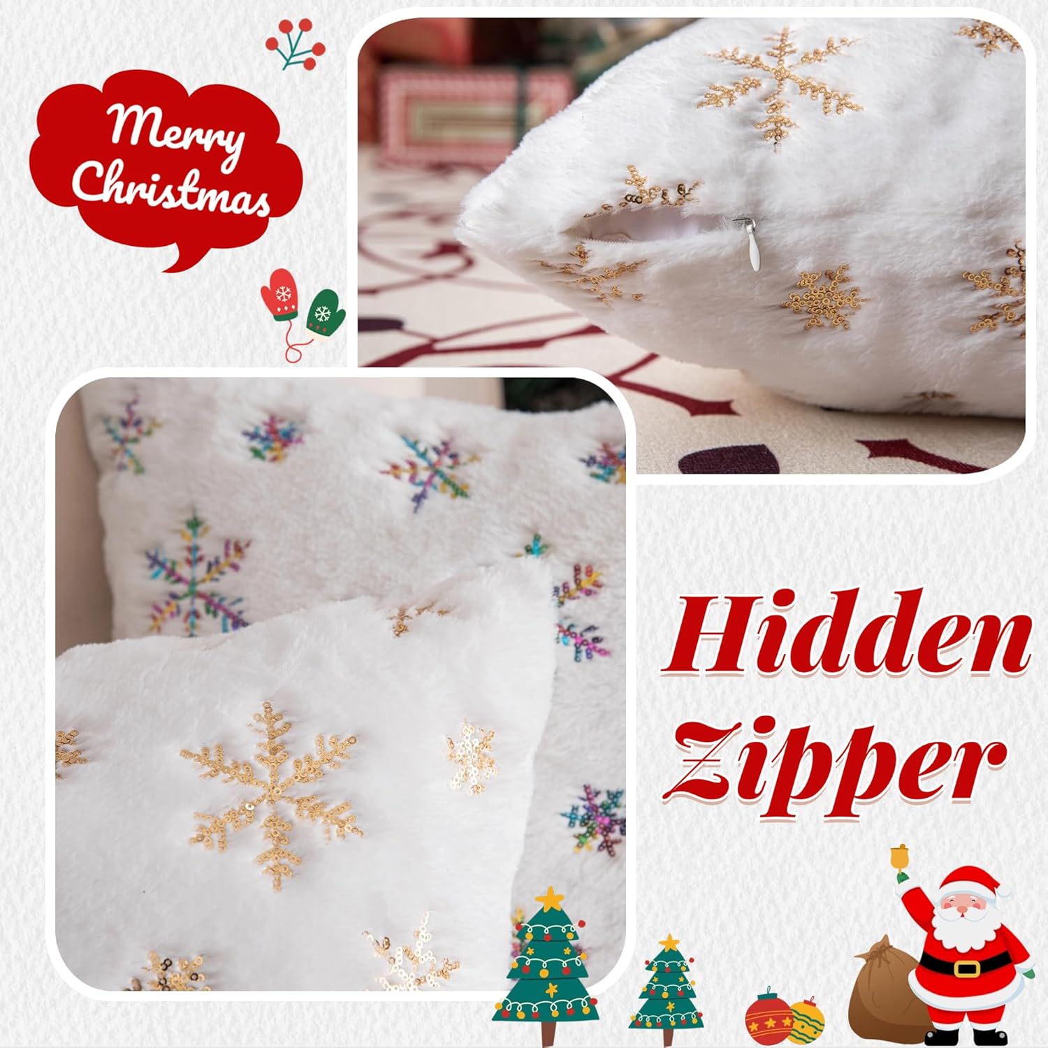 AQOTHES Fundas de almohada decorativas peludas de piel sintética, felpa con lentejuelas de copo de nieve, almohadas con purpurina para decoración de