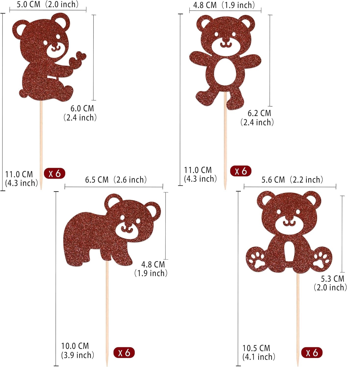 24 piezas de decoración para cupcakes de oso marrón con purpurina marrón de doble cara para cupcakes de oso de amor, decoración de pasteles de