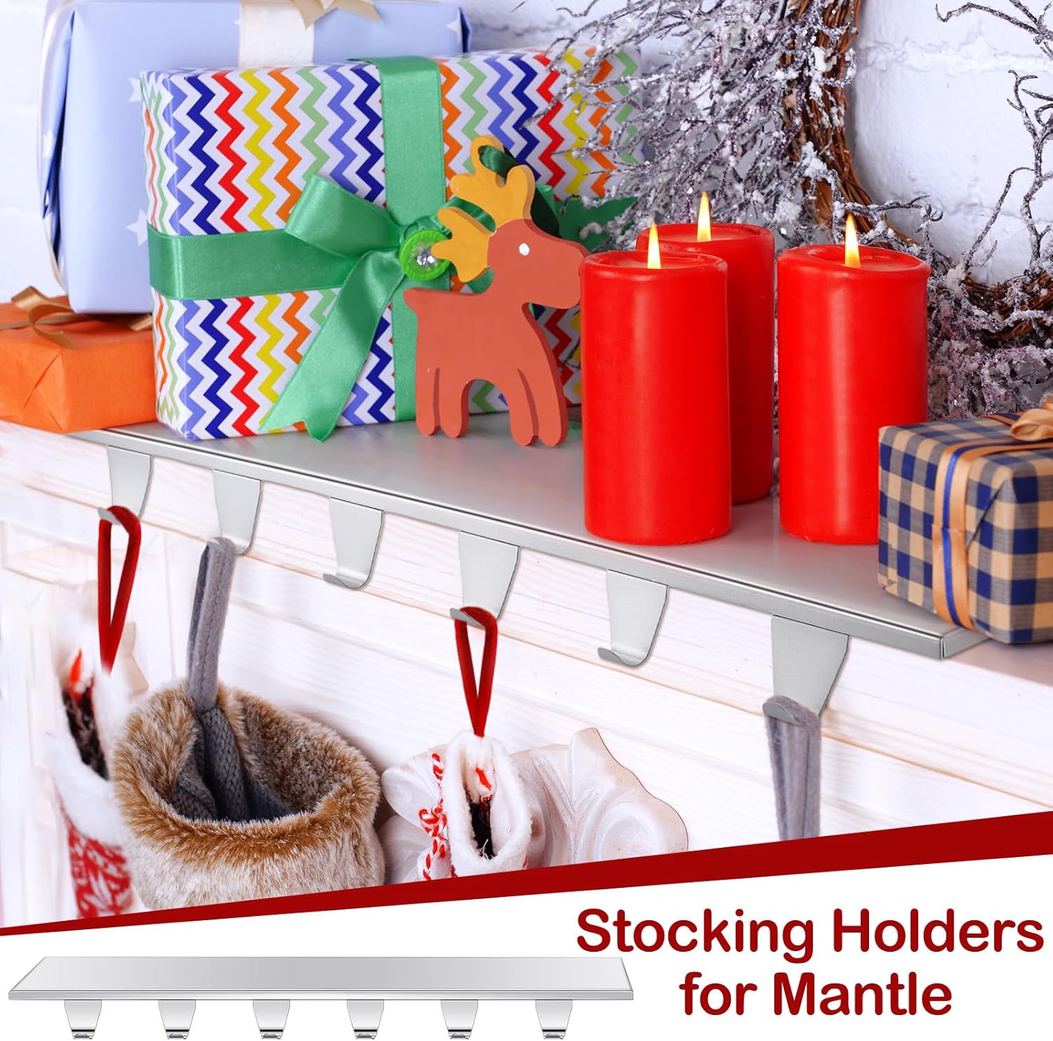 Soporte para calcetines de Navidad con 6 ganchos, ganchos de metal para colgar con almohadillas protectoras, mantel resistente para chimenea,