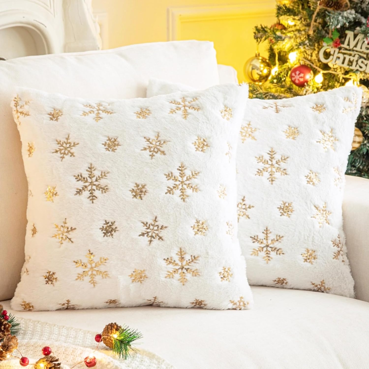 AQOTHES Fundas de almohada decorativas peludas de piel sintética, felpa con lentejuelas de copo de nieve, almohadas con purpurina para decoración de