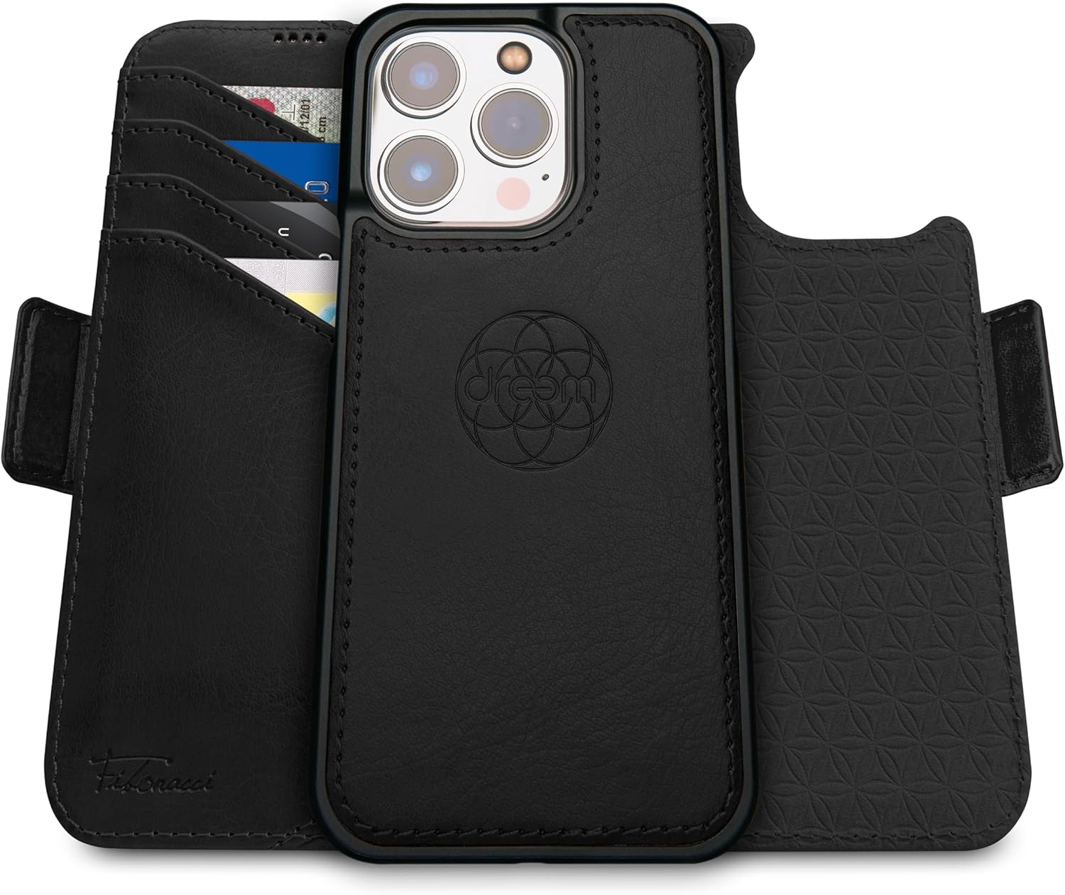 Dreem Fibonacci – Funda tipo cartera para iPhone 15 Pro Max  2 en 1 a prueba de golpes y funda desmontable de piel vegana, compatible con MagSafe,