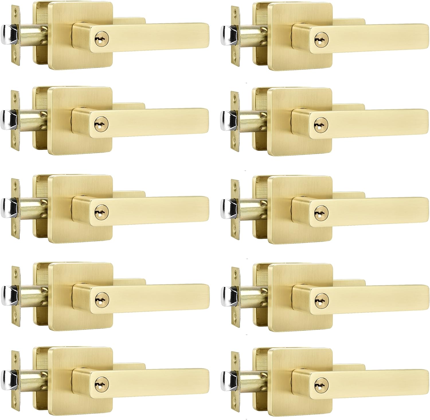 Leydebong Paquete de 10 manijas de puerta doradas, manijas de puerta de entrada con llaves, cerradura de puerta resistente, diseño moderno y