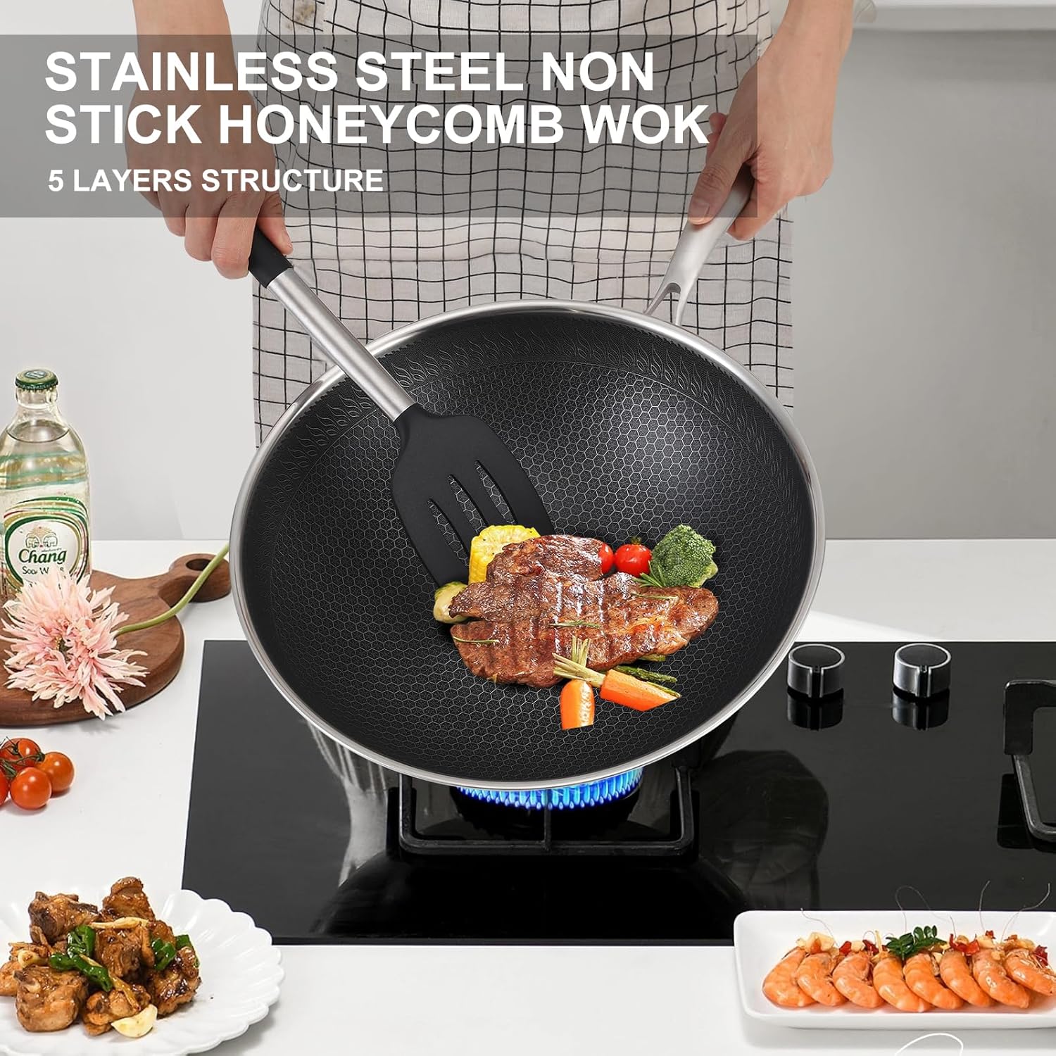 Vegoran Sartén wok de 12 pulgadas, wok de acero inoxidable, sartén antiadherente de panal con asa, sin PFOA, adecuado para cocinas de inducción,