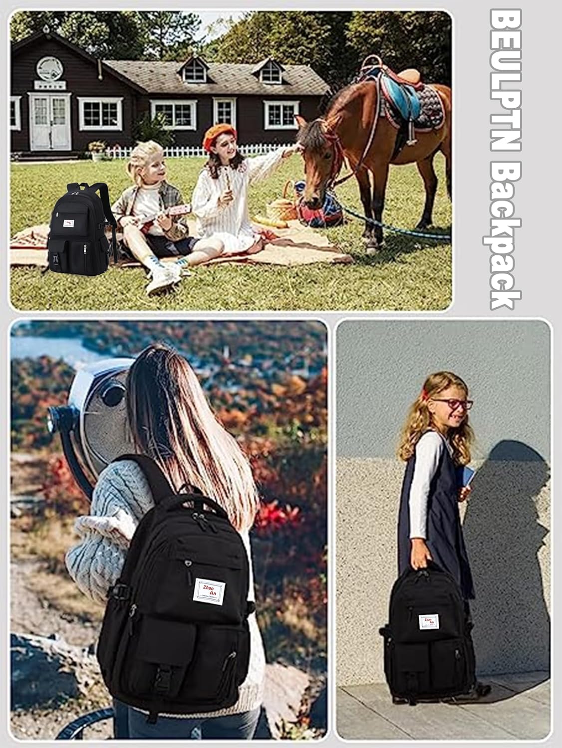 BEULPTN Mochila escolar para niñas, bonita mochila para la escuela y adolescentes, mochila de viaje impermeable para la escuela secundaria, A-Negro,