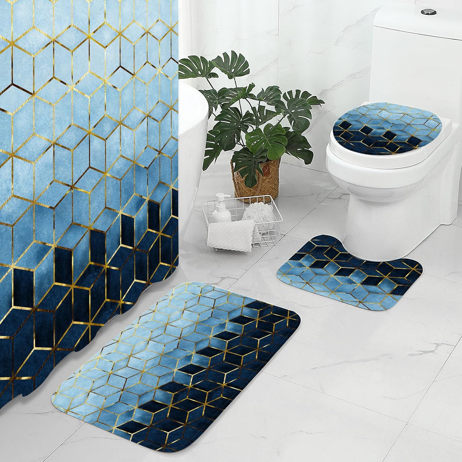Gibelle Juego de 4 cortinas de ducha de baño con alfombras antideslizantes, cubierta para tapa de inodoro y tapete de baño, líneas cúbicas doradas