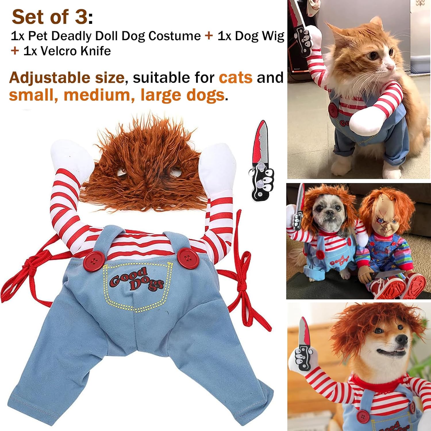 Disfraz de muñeca mortal para perro, divertido disfraz de Halloween para perro, ropa linda para perros pequeños, medianos y grandes, ropa de vestir