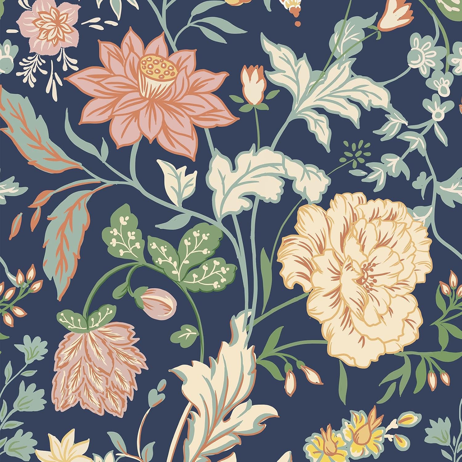 Papel tapiz floral para despegar y pegar, color azul medianoche, 17.3 x 118 (azul medianoche)