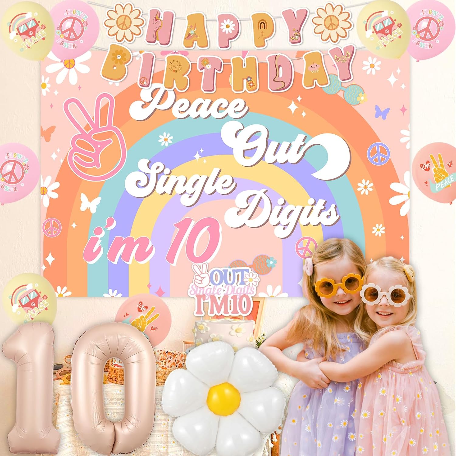 Peace Out – Decoración de fiesta de un solo dígito para niña, Groovy decoraciones de cumpleaños número 10, pancarta bohemia de feliz cumpleaños,