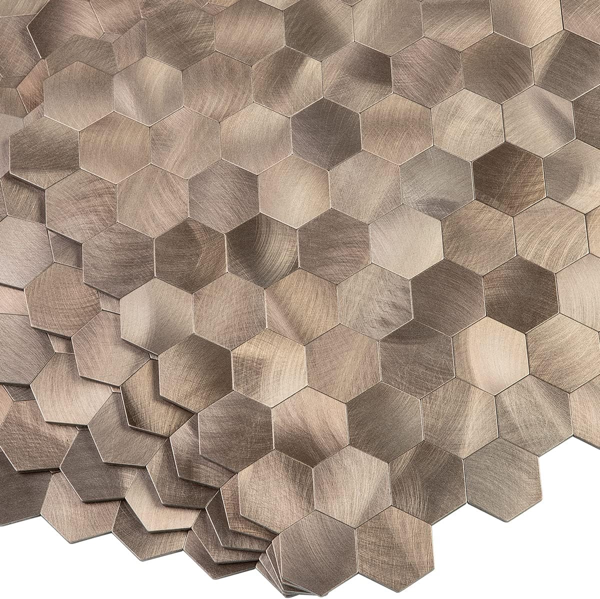 Decopus Protector contra salpicaduras de azulejos con aspecto antiguo, (5 unidades de bronce hexagonal) de cobre para despegar y pegar, modelado de