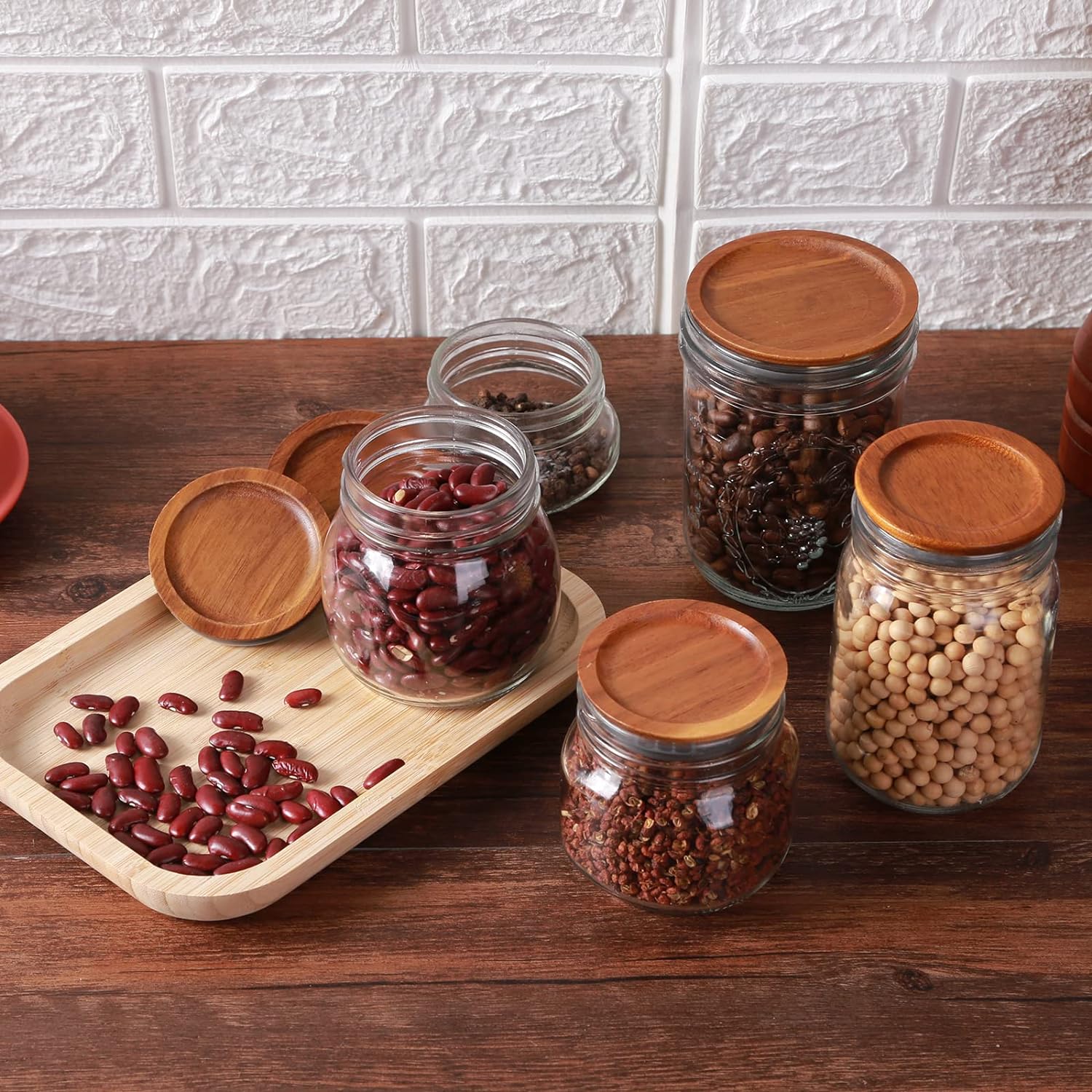 Paquete de 36 tapas para tarros de conservas de boca ancha, tapas de madera de acacia, tarros de bola, tapas de madera de bambú con bola hermética