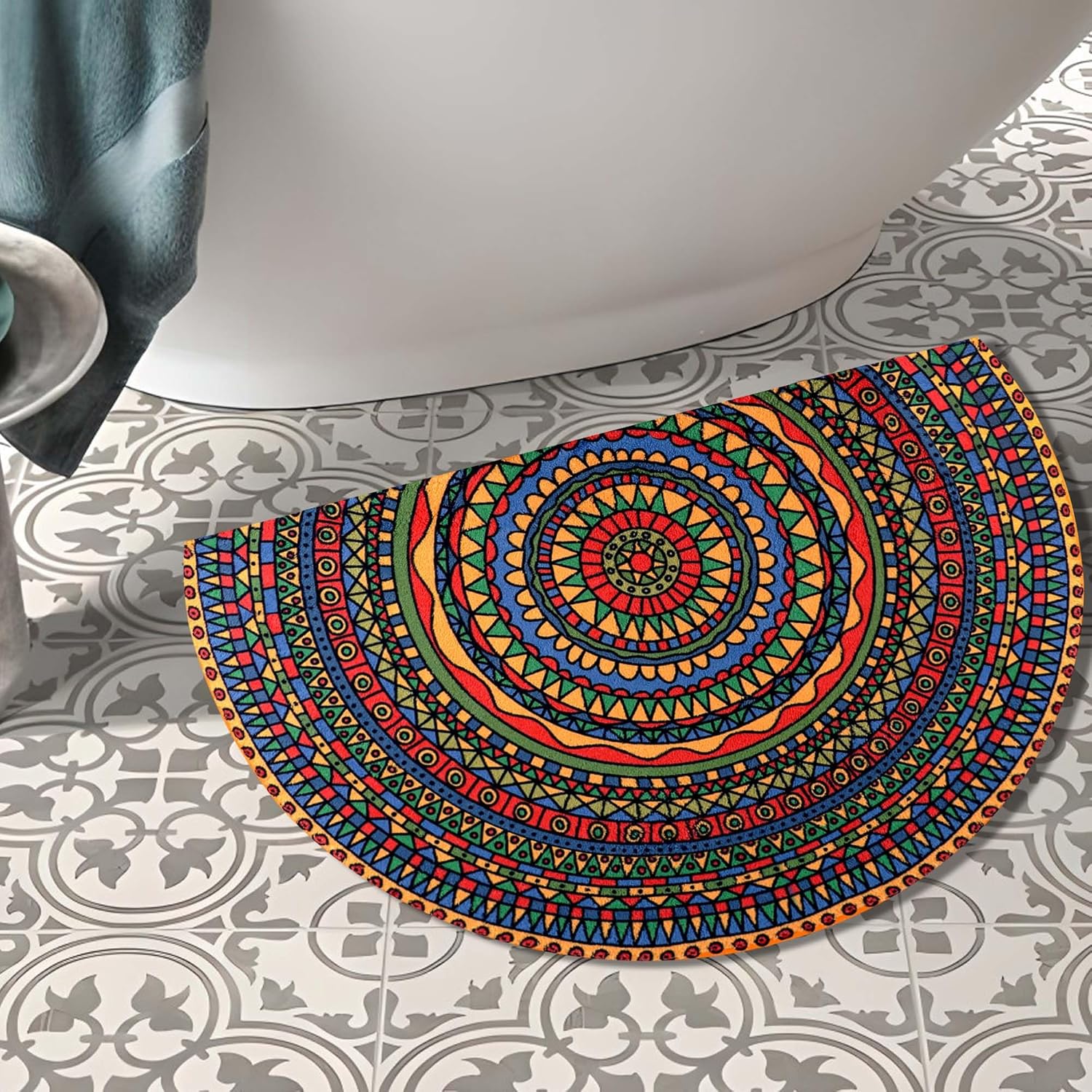 Alfombra de baño de medio círculo con mandala bohemia, tapete de baño de imitación de cachemira para baño, antideslizante, de 20 x 30 pulgadas,