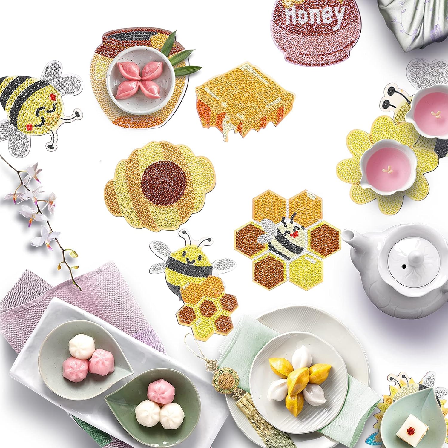 YLOLUL Juego de 10 posavasos de pintura de diamantes en forma de abeja, posavasos de pintura de diamantes con soporte para principiantes, adultos y