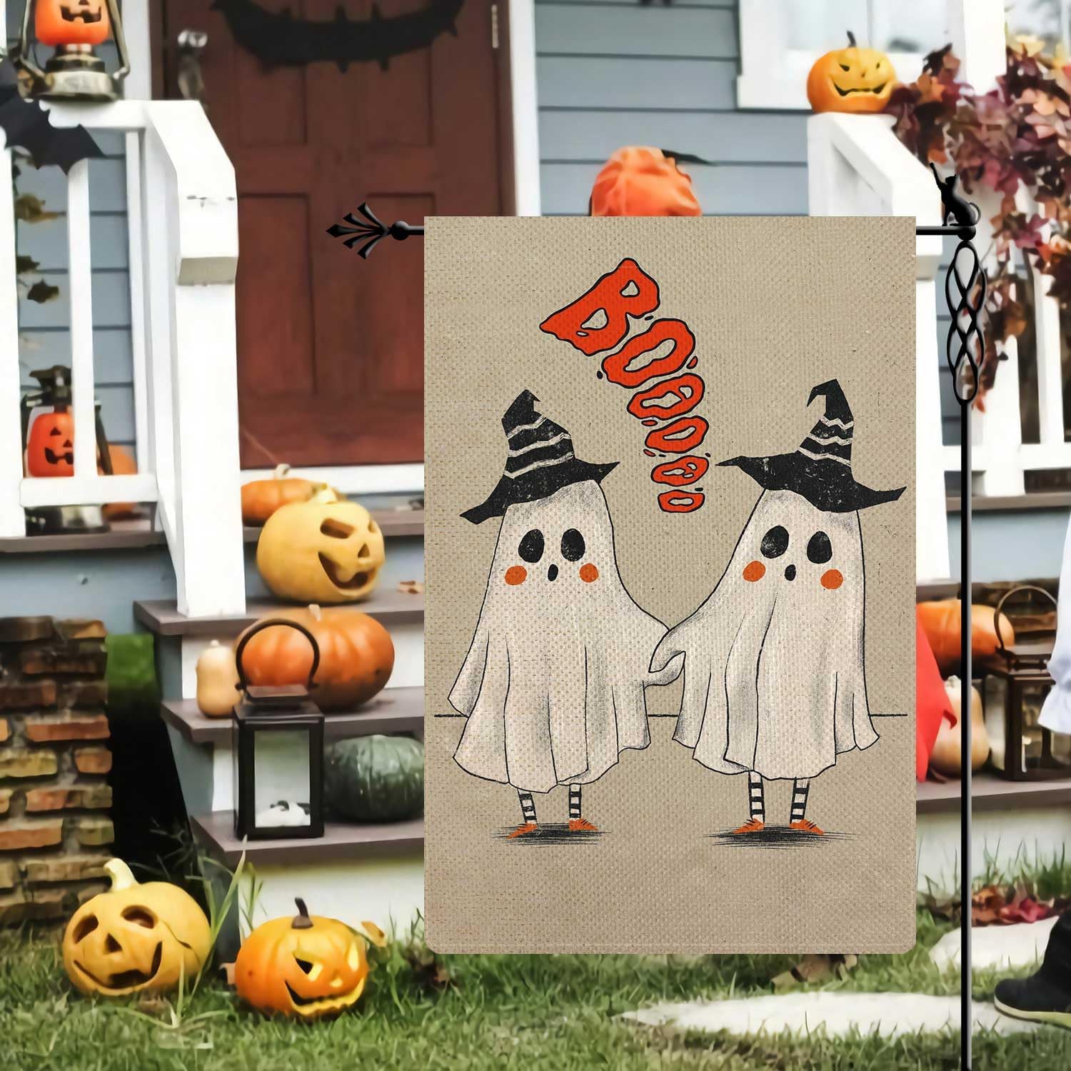 Jauageon Bandera de jardín de fantasmas de Halloween, espeluznante Samll, bandera de jardín, fantasma aterrador, vertical, de doble cara, rústica,