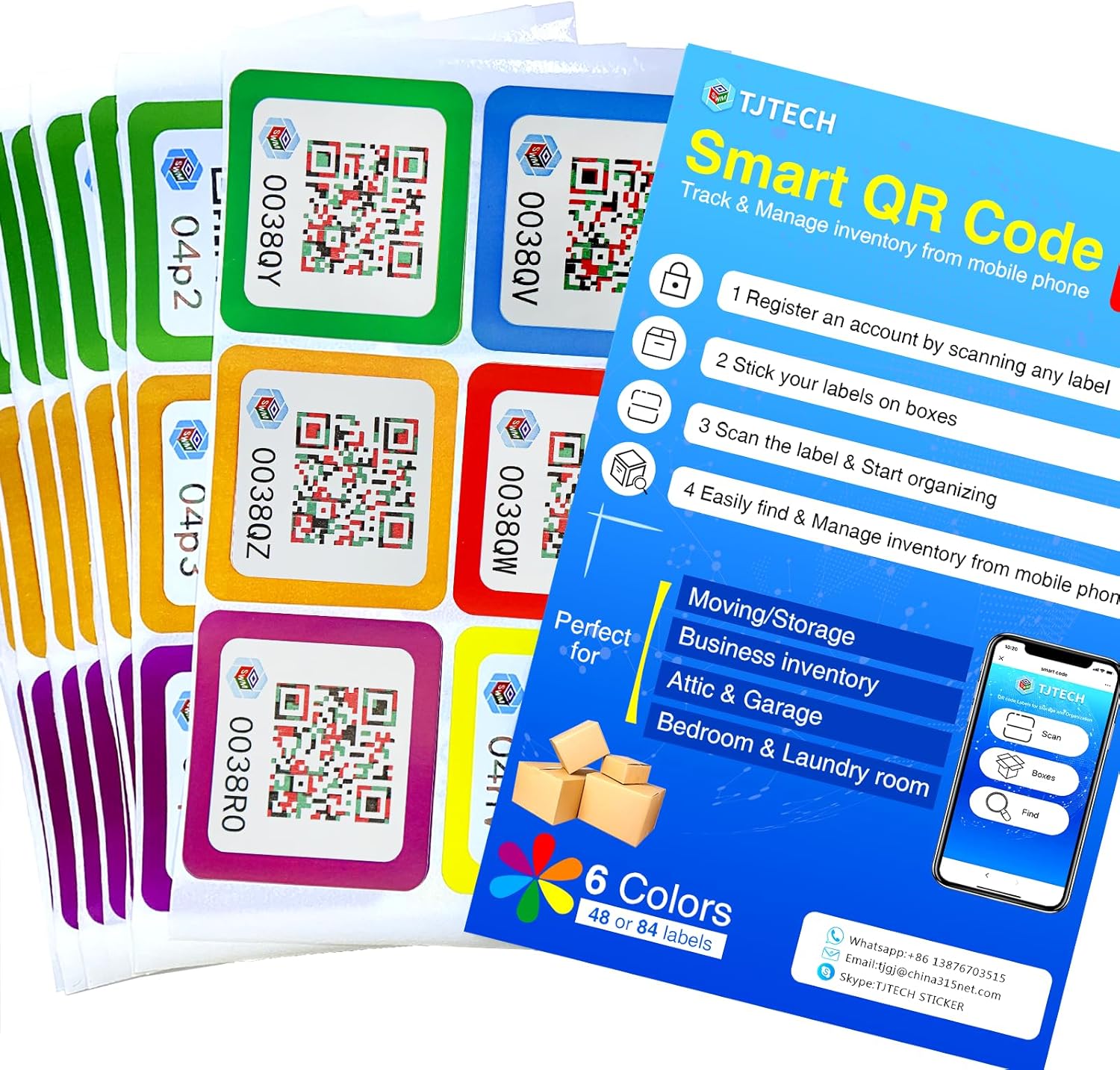 84 calcomanías de código QR para almacenamiento y organización de inventario avanzado, etiquetas de código QR, paquete y etiquetas de pista con