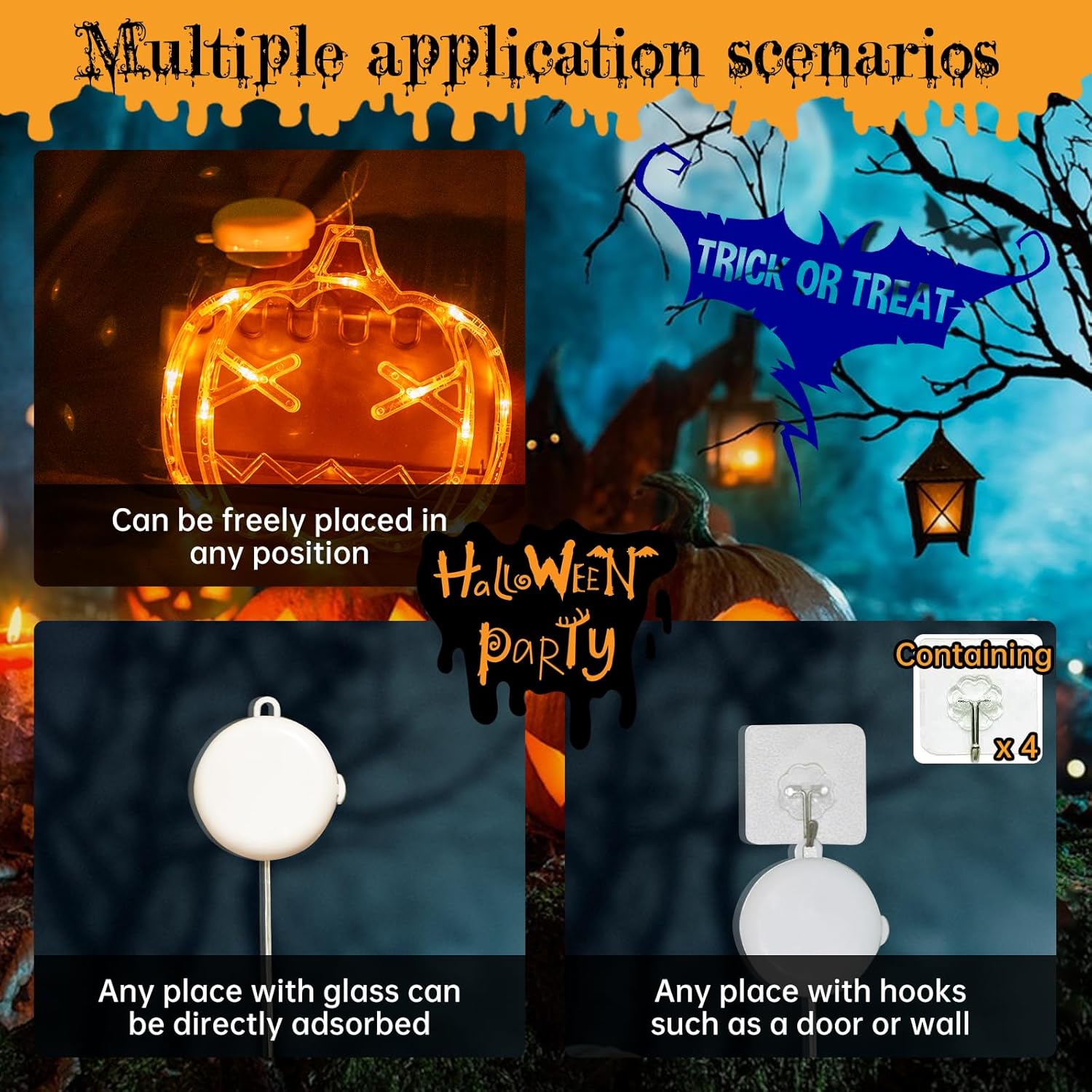 Luces de Halloween para ventana de Halloween, decoración de interiores de calabaza, araña y murciélago, decoración de pared al aire libre, funciona