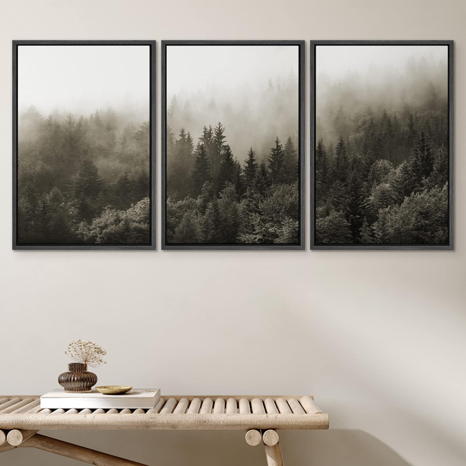 SIGNWIN Lienzo enmarcado para pared, juego de decoración de guardería de bosques, niebla y niebla sobre bosque de pinos azules, naturaleza, arte