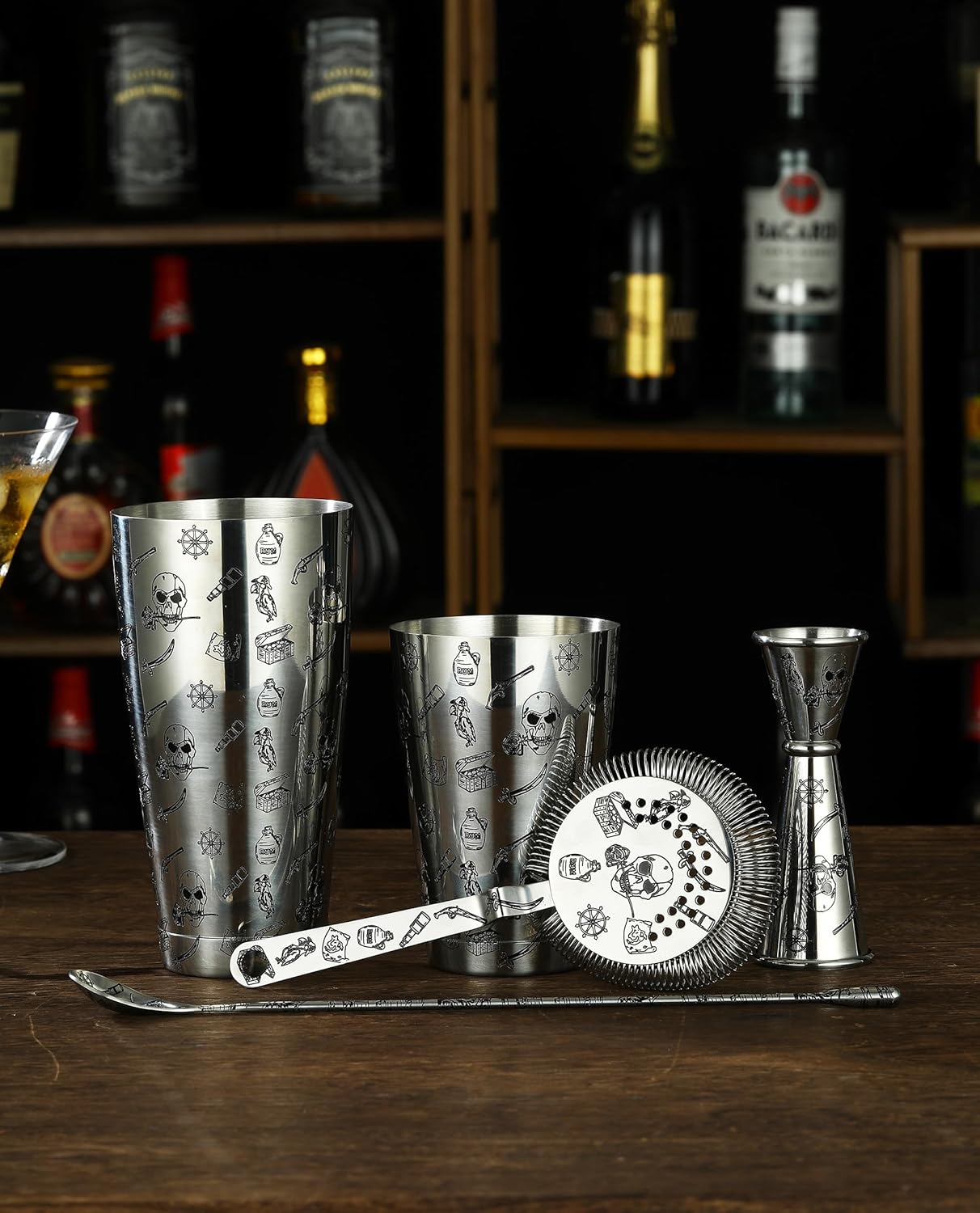 Juego de coctelera  Kit de accesorios de barra de 5 piezas con agitador Boston pesado, colador, jigger, cuchara mezcladora con patrón de rosa de