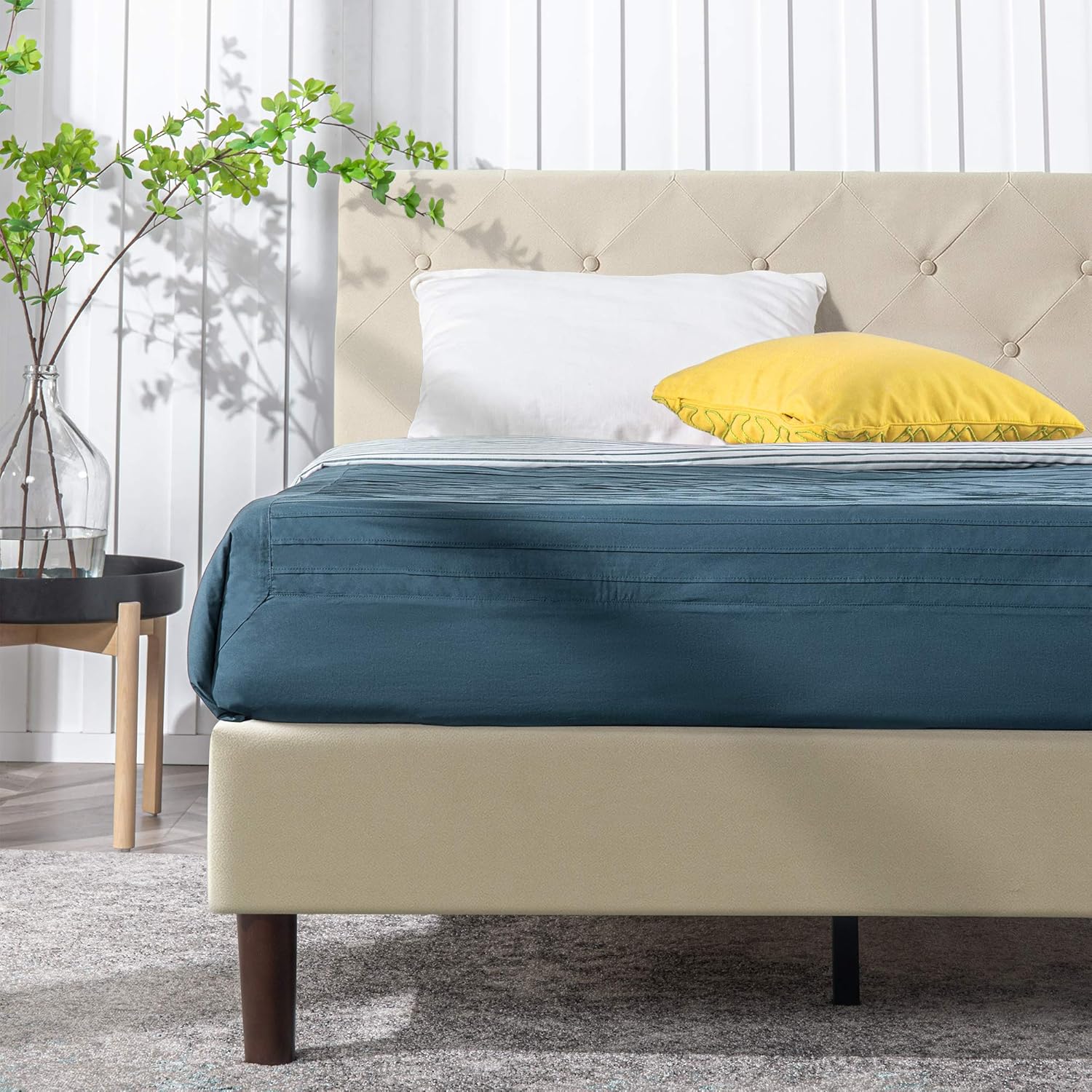 ZINUS Shalini – Base de cama tapizada con plataforma, base de colchón, soporte de listones de madera, no necesita somier, fácil montaje, color