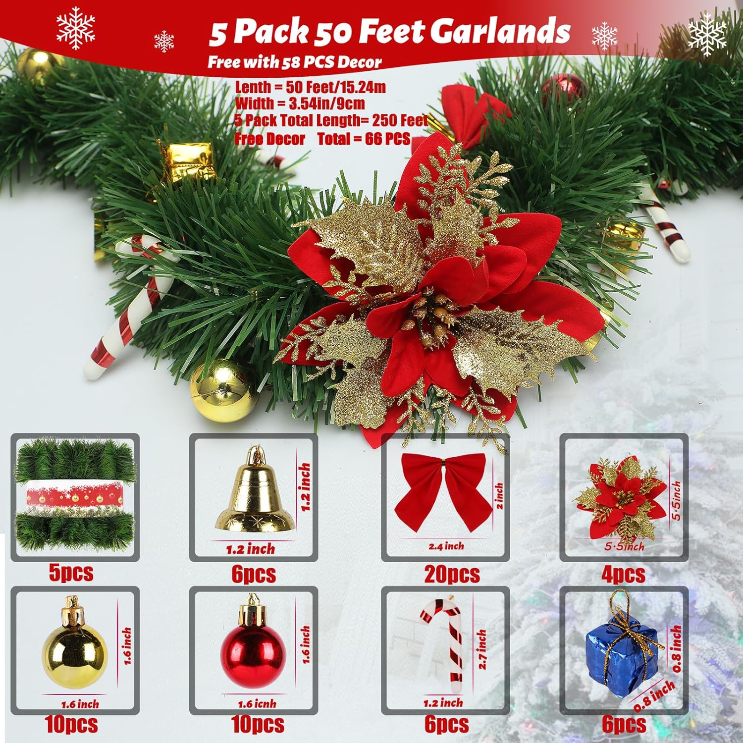 Paquete de 5 guirnaldas de Navidad de 250 pies para Navidad y no iluminadas, decoración de vacaciones suave para interiores y exteriores, guirnalda