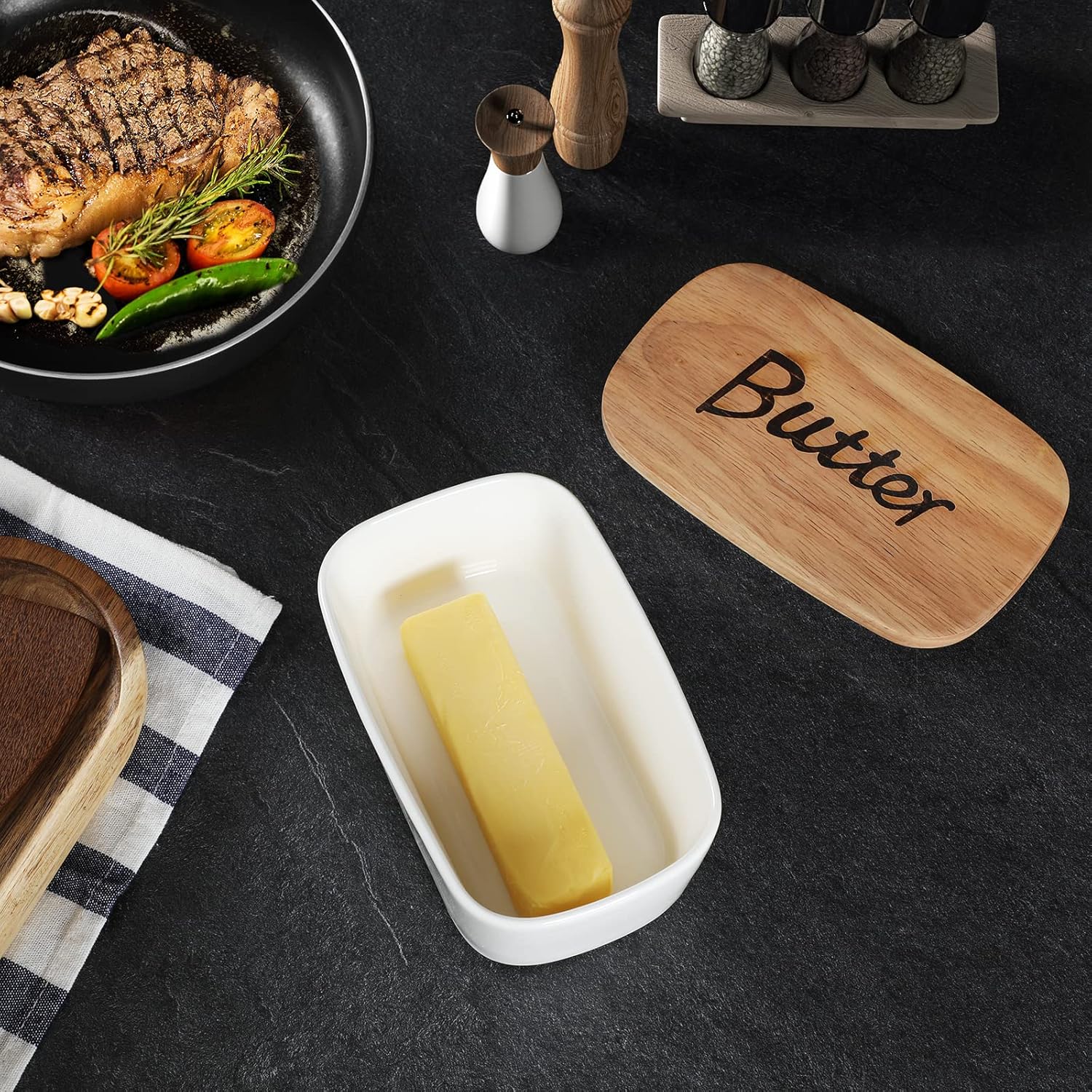 Mantequera de cerámica con tapa de madera, soporte grande para mantequilla cubierto para encimera, recipiente para mantequilla perfecto para