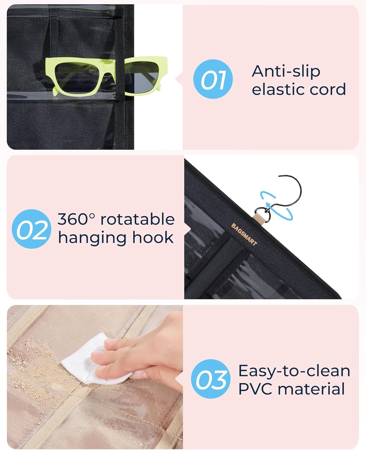 BAGSMART Organizador de joyas colgante, estuche de almacenamiento para lentes de sol a prueba de polvo montado en la pared, estuche de viaje de
