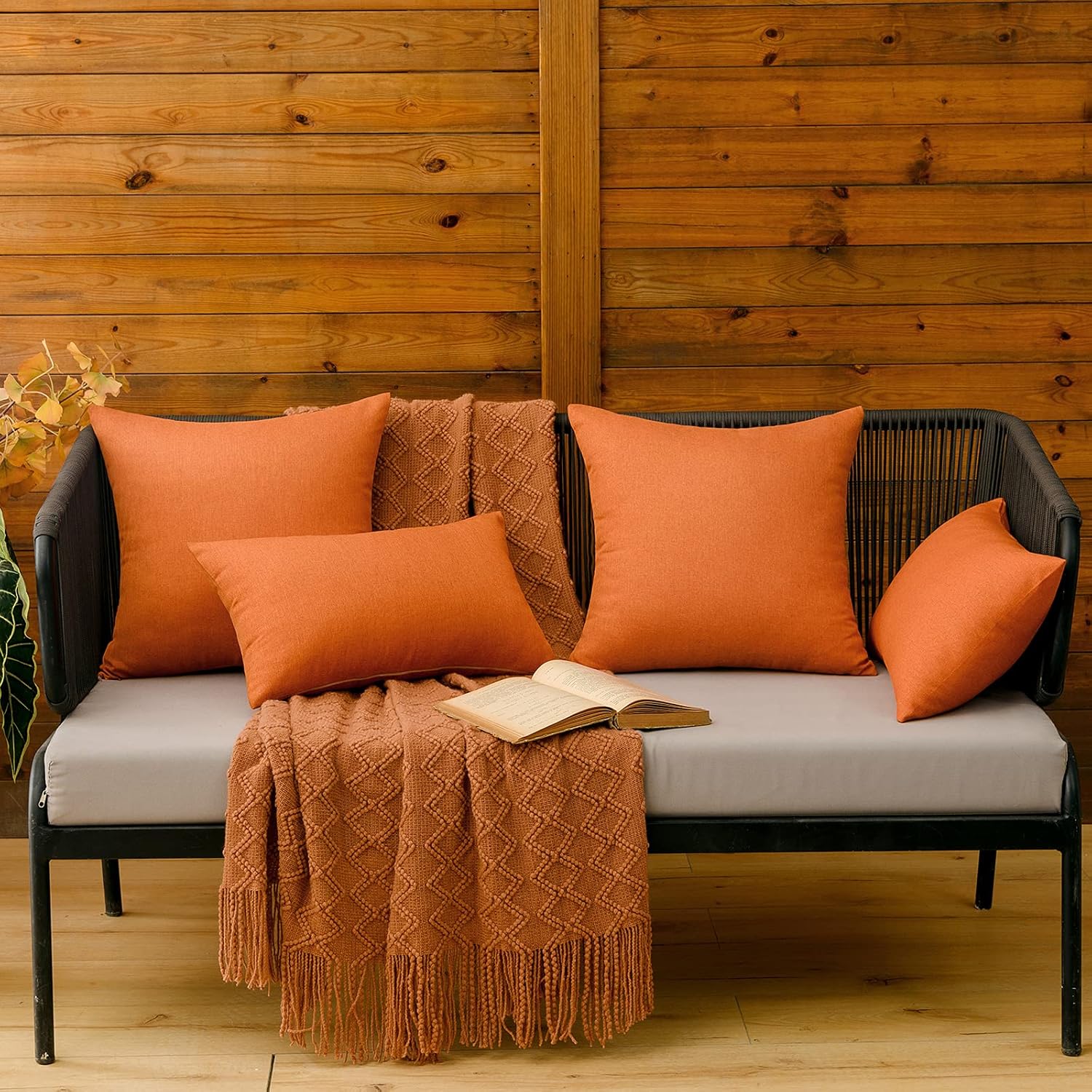 MIULEE Paquete de 2 fundas de almohada decorativas para exteriores, impermeables, sólidas, de lino sintético, para jardín, granja, patio, tienda de