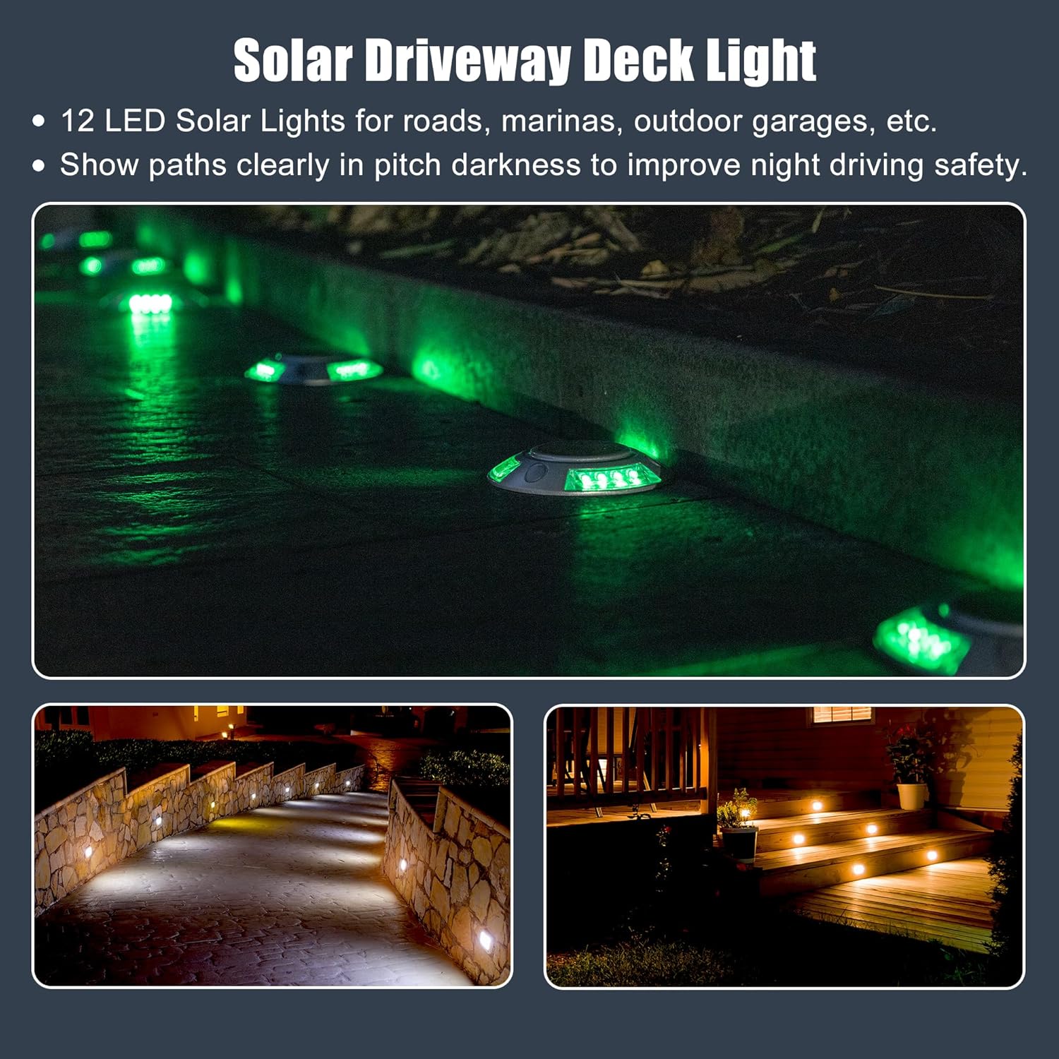 X AUTOHAUX Luces solares impermeables IP67 de 12 LED, 800 MAh, luz de muelle de entrada, luces de camino de conducción alimentadas por energía solar