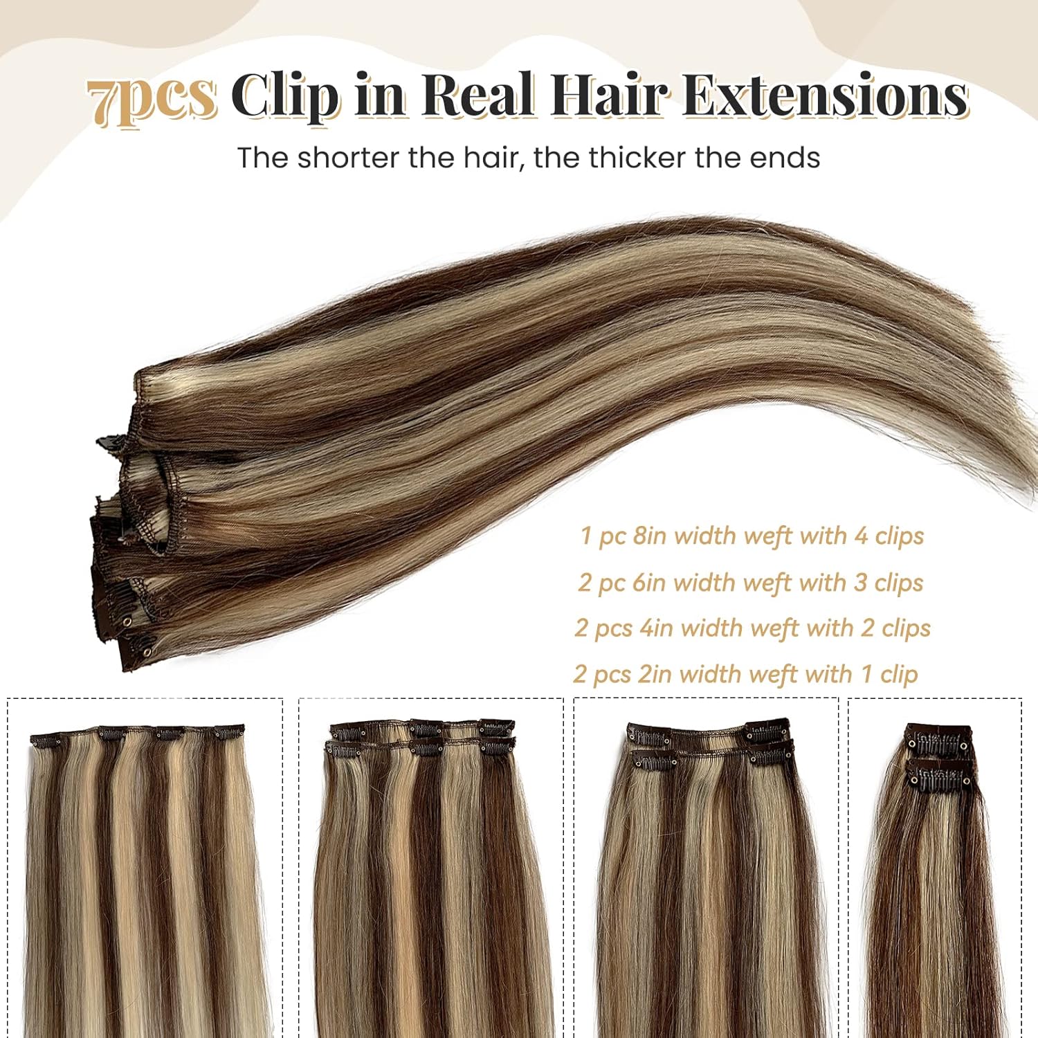 Extensiones de cabello humano real con pinzas, color marrón medio con rubio, extensiones de cabello humano Remy lacio y sedoso, 16 pulgadas, 7