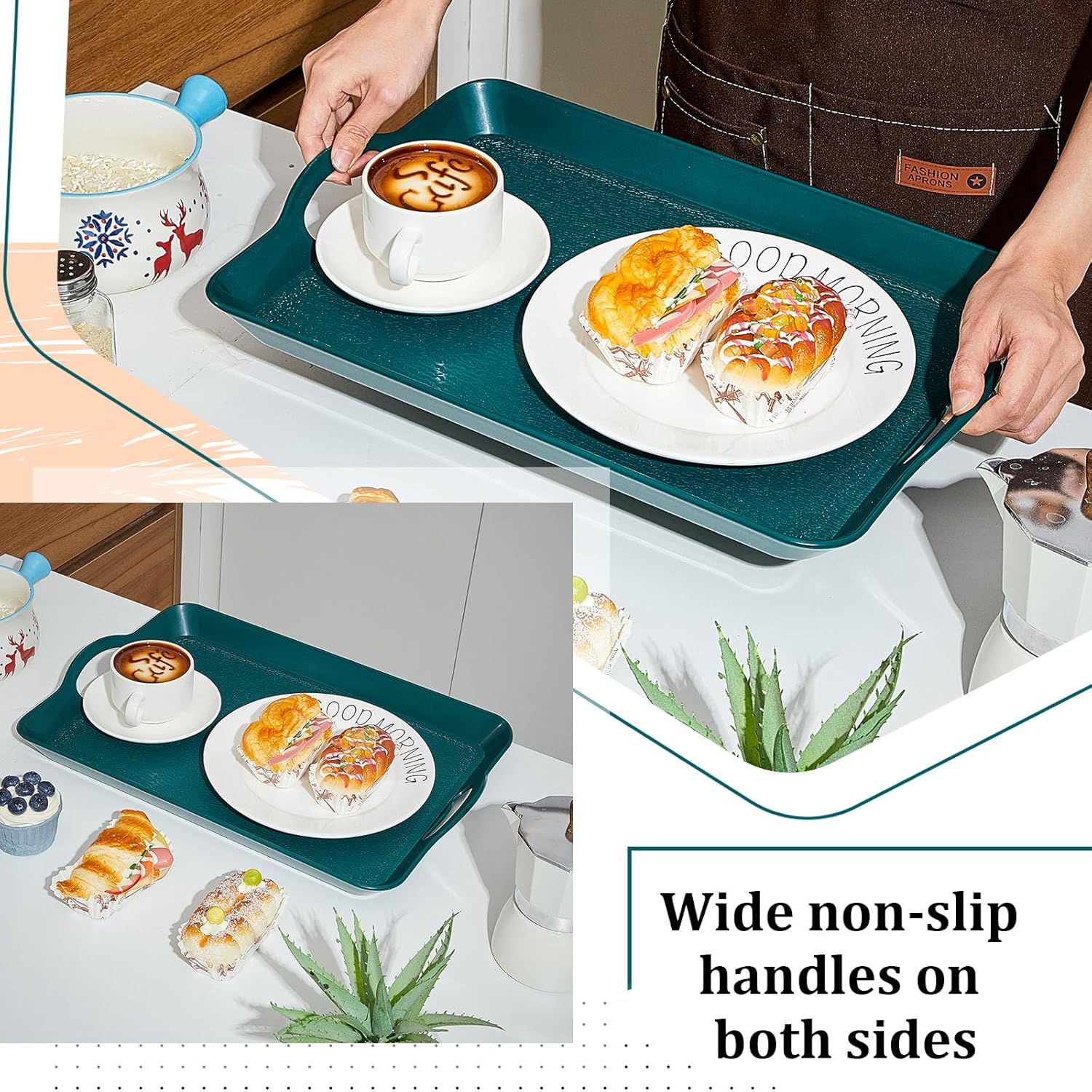6 bandejas para servir con asas para comer, bandeja de plástico multiusos de 16 x 11 pulgadas, bandeja rectangular antideslizante decorativa para