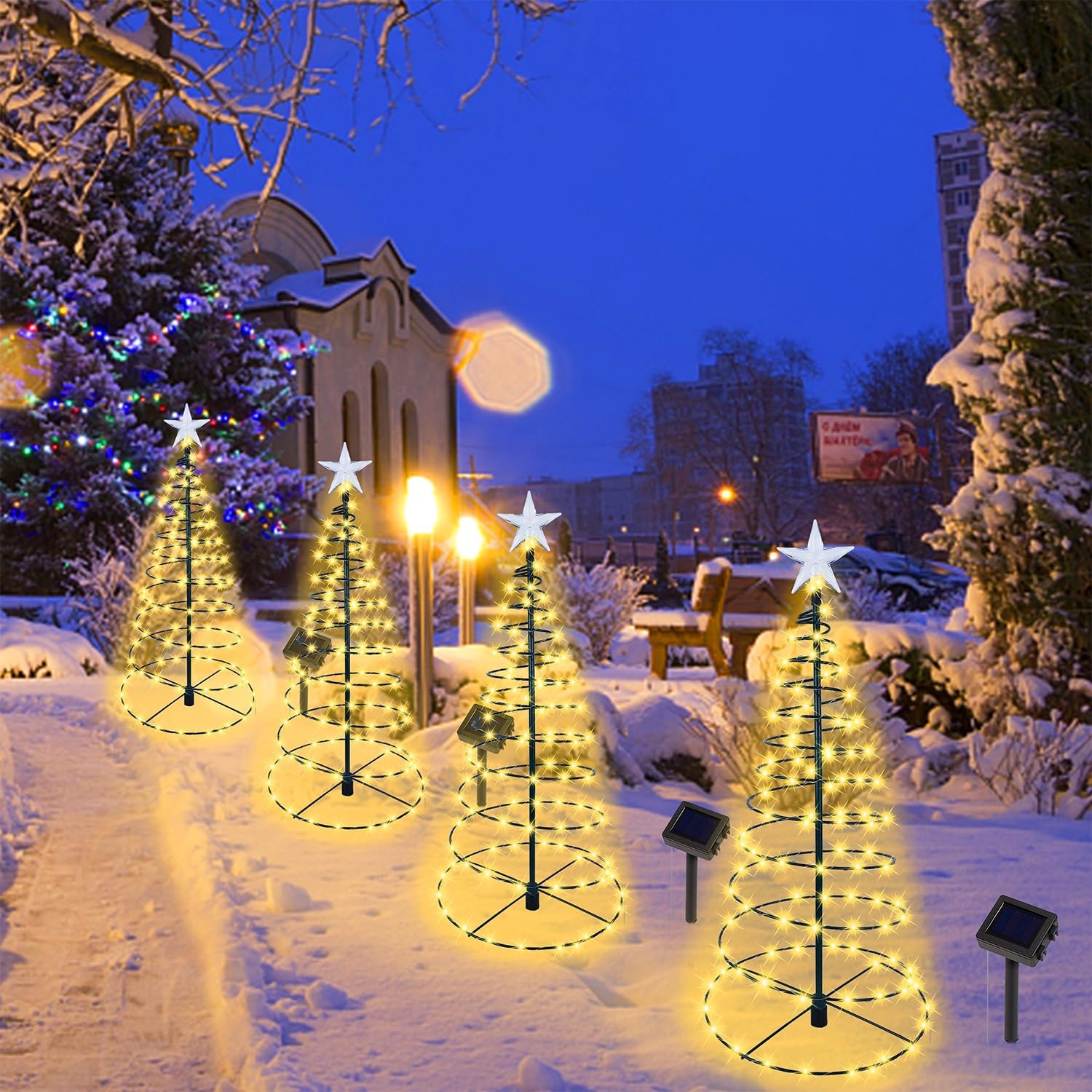 Dynaming Paquete de 2 árboles de Navidad solares en espiral con luces blancas cálidas, marcadores de camino de Navidad iluminados al aire libre de