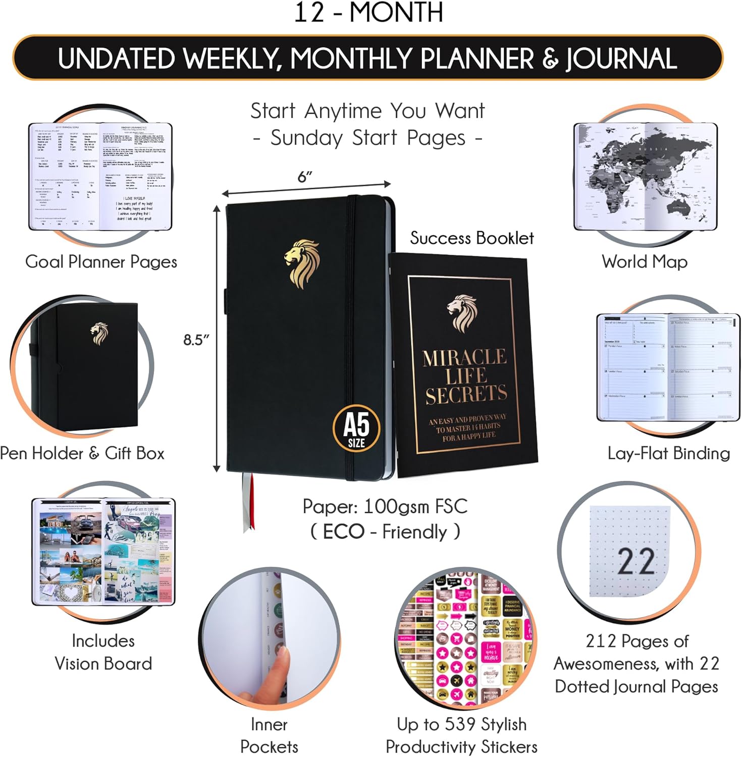 Agenda de vida y trabajo, tamaño A5, planificador de objetivos de 12 meses y planificador de productividad para aumentar la felicidad, planificador