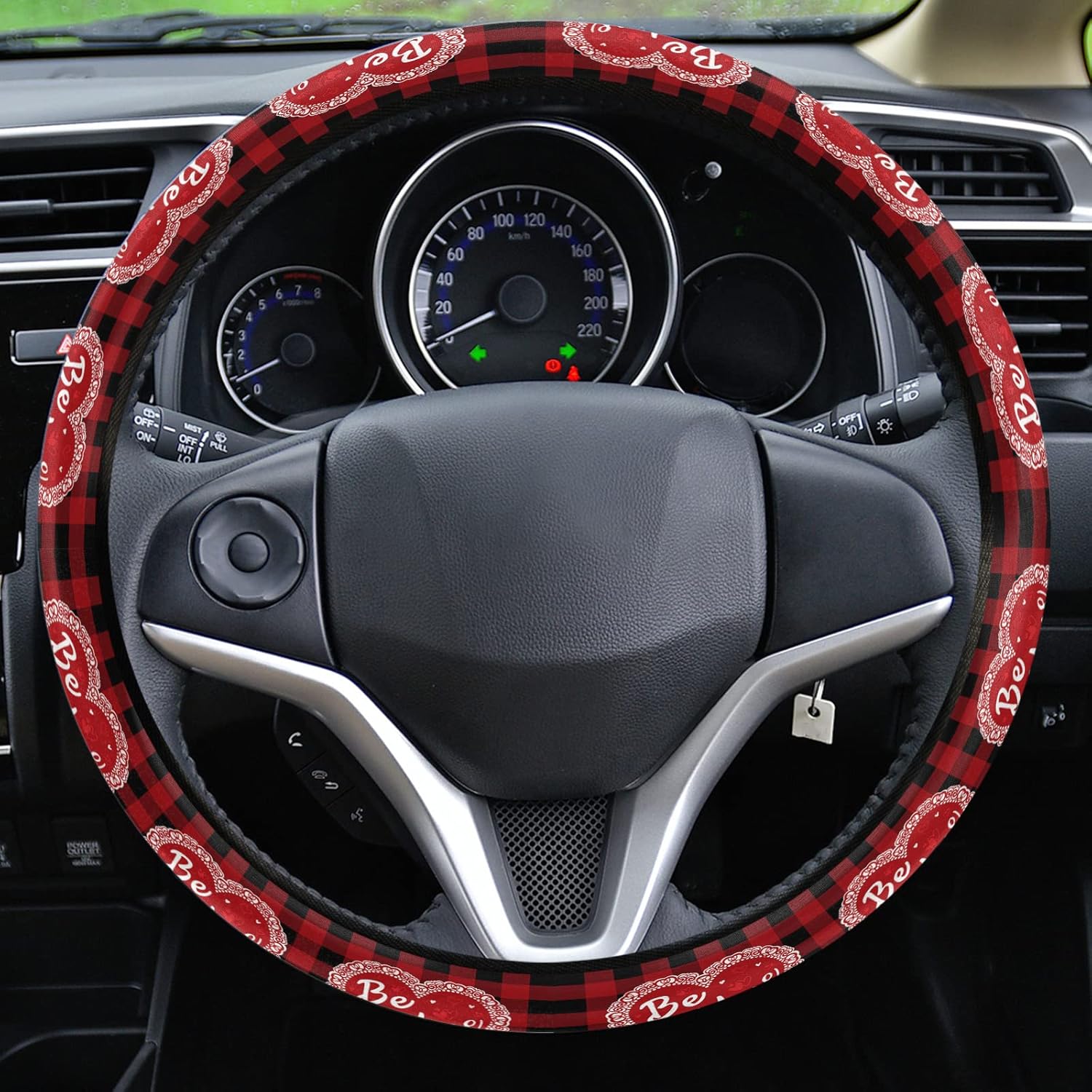 Car Steering Wheel Cover, Heart Shape Black Red Buffalo Plaid Love Elastic Stretch Sponge Steering Wheels Protective Cover for Vehicles Trucks SUVs