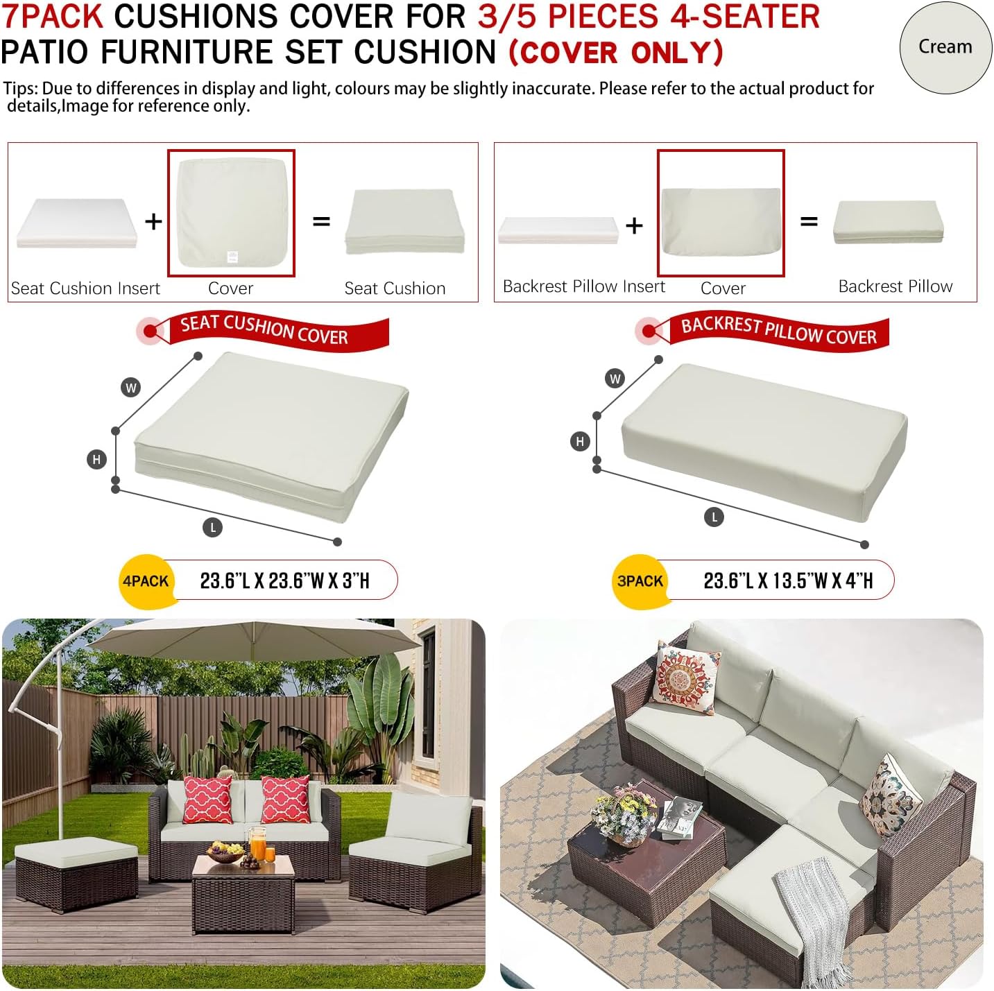 ClawsCover Juego de 7 fundas de repuesto para cojines de patio al aire libre para 35 piezas de muebles de mimbre de ratán de 4 plazas, juego de