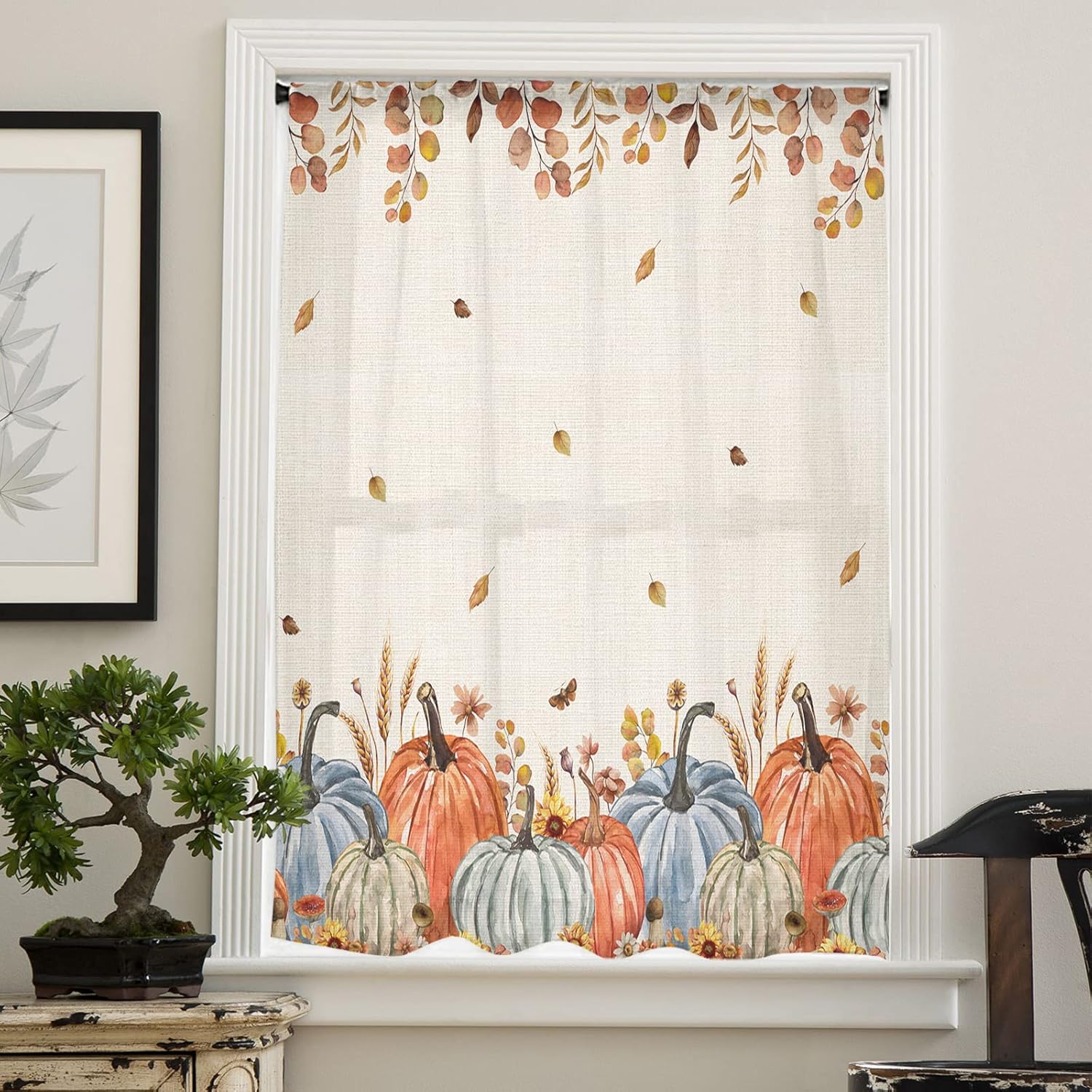 Cortinas de gasa de otoño con diseño de calabazas azules y naranjas de 54 pulgadas de largo, elegantes paneles de ventana de hoja de arce de Acción