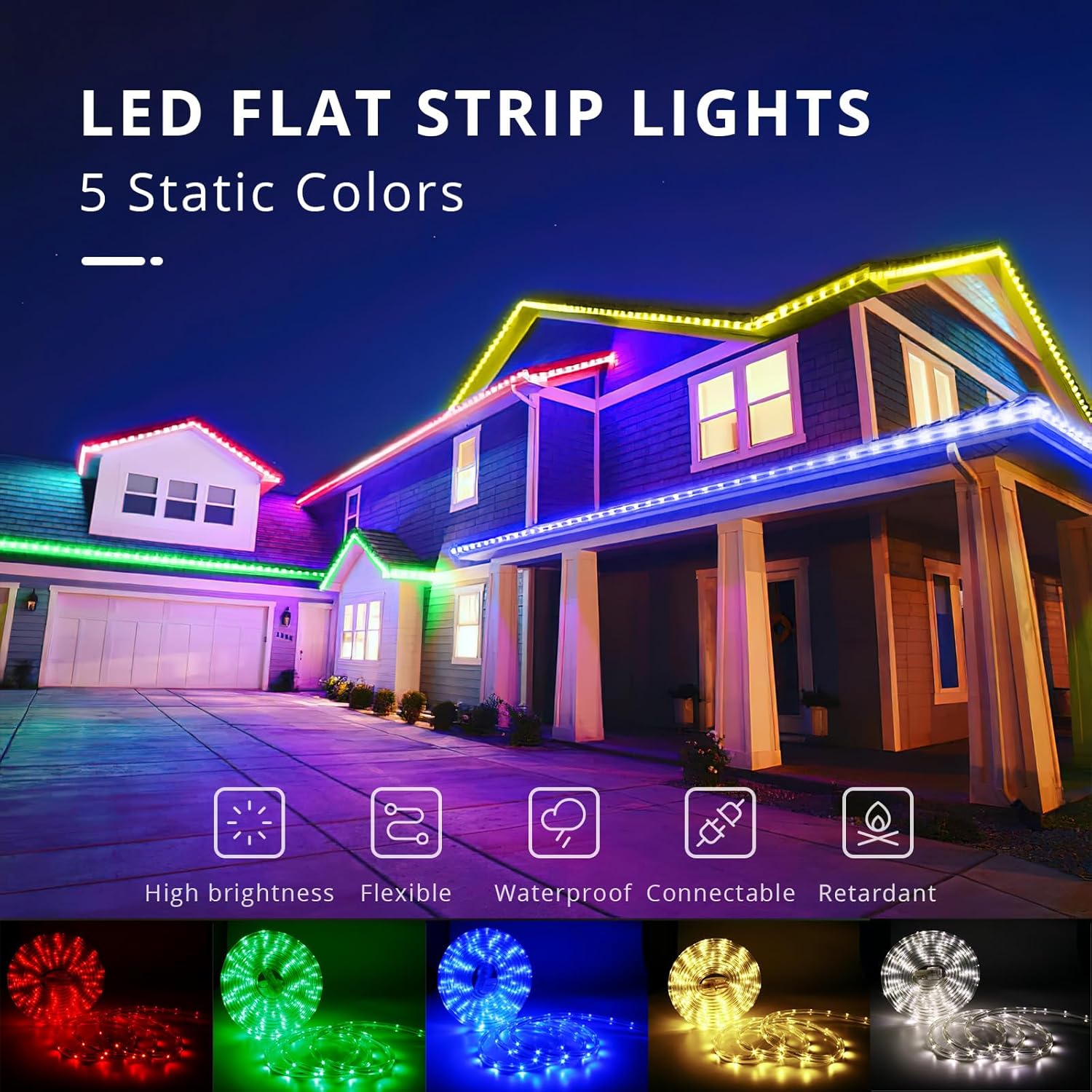 Areful Tira de luces LED de 16.4 pies, tira de luz flexible plana roja, enchufable, conectable e impermeable para el hogar, Navidad, vacaciones,