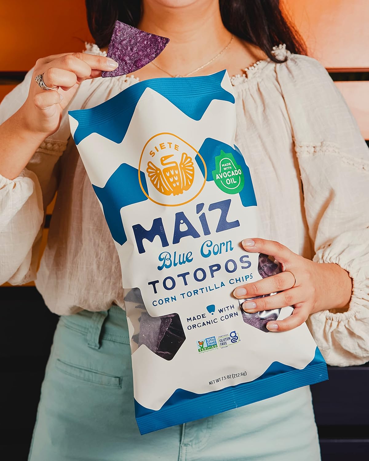 Siete Maiz Totopos Chips de tortilla de maíz  Maíz azul  Sin gluten  Snacks veganos  Sin OMG y chips de maíz orgánico  Hecho con aceite de aguacate