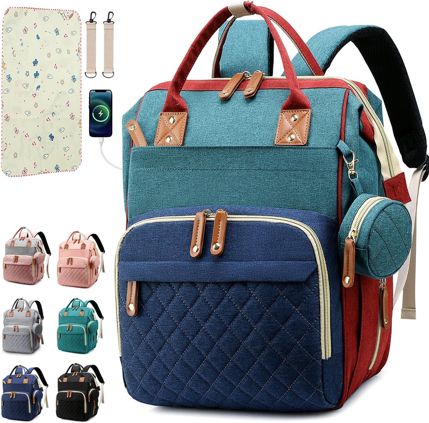 Bolsa de pañales mochila para bebé, bolsa de pañales para papá y mamá con almohadilla, 16 bolsillos, Con color, Compacto